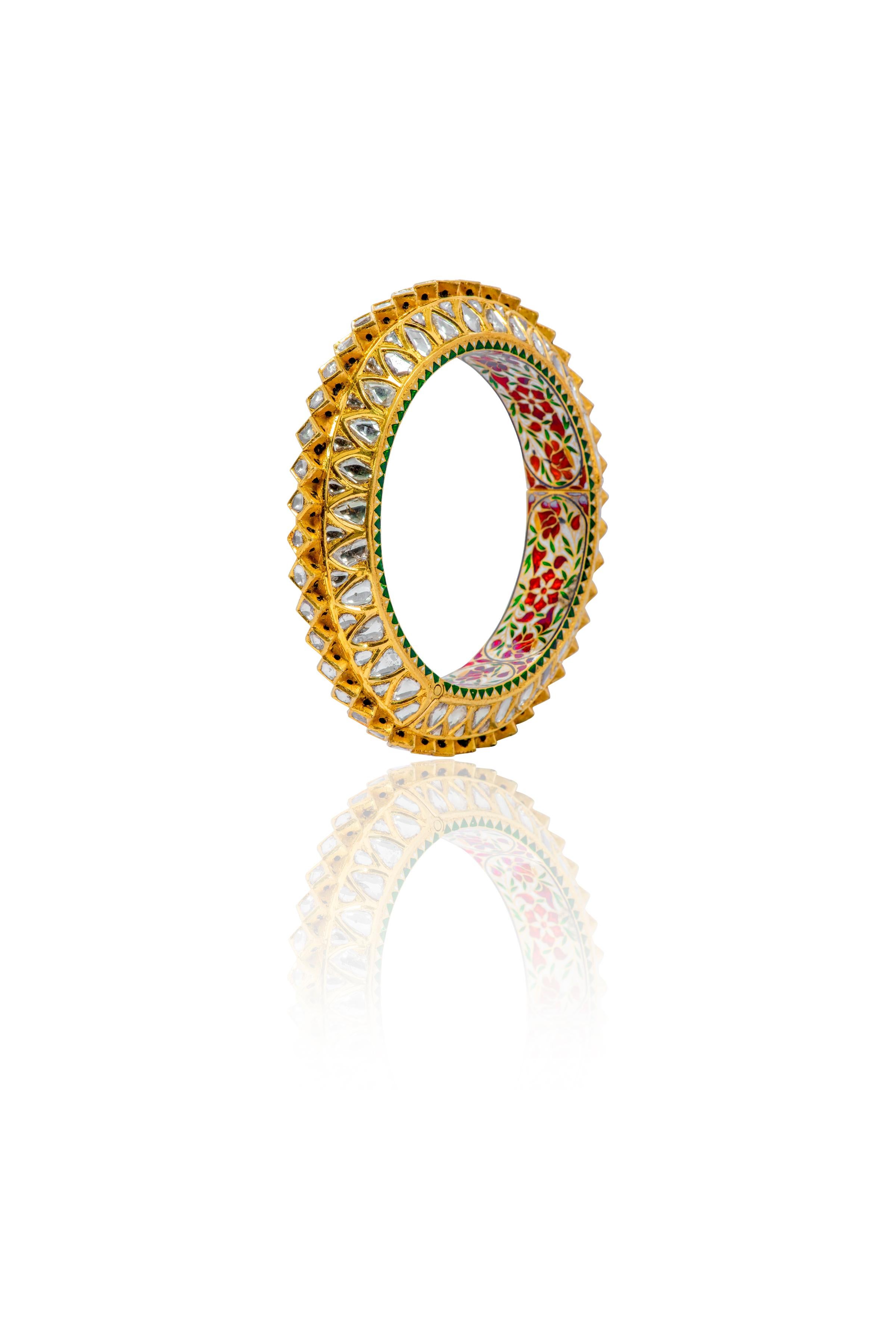 Women's 22 Karat Yellow Gold Diamond and Red Enamel Handcrafted Bangle For Sale