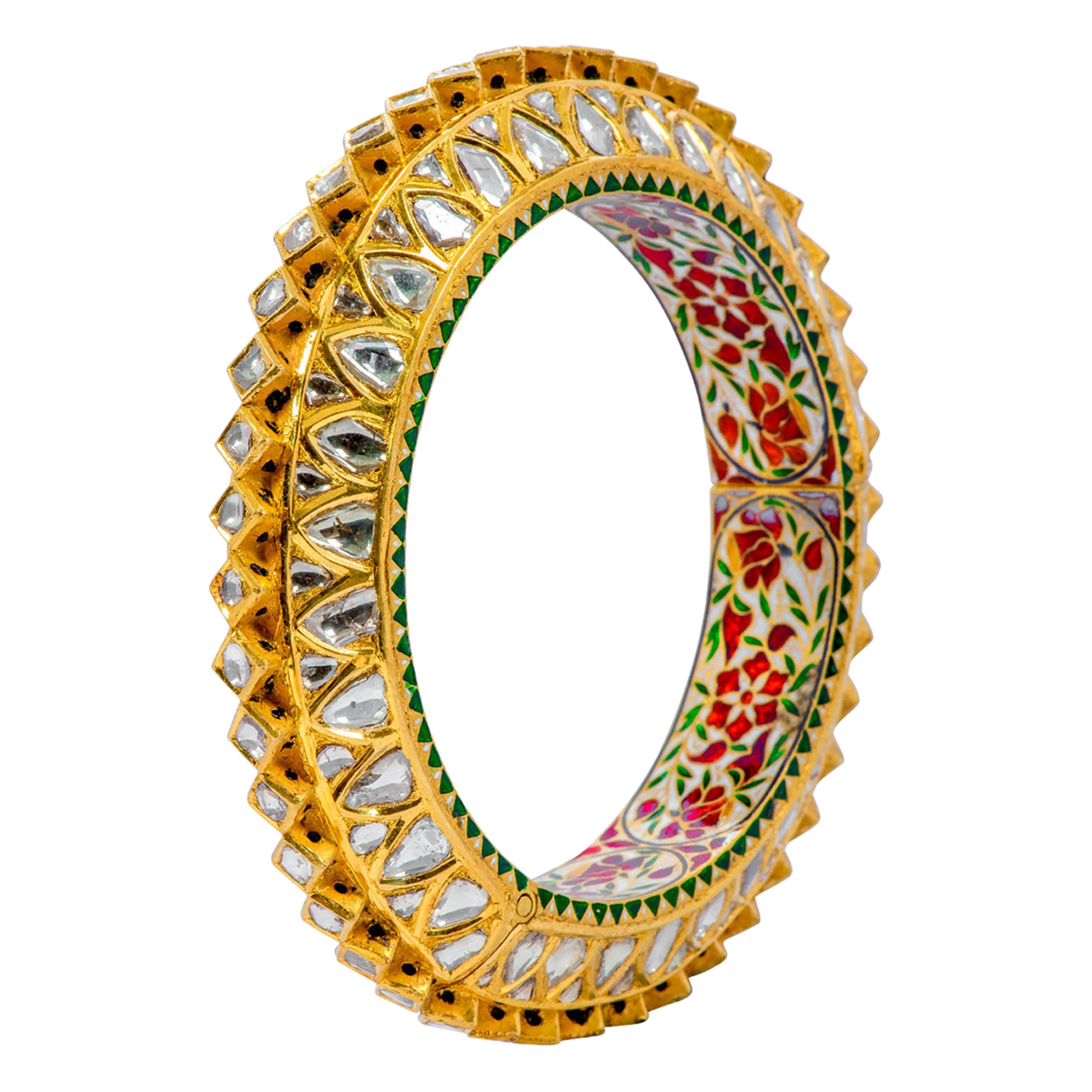 22 Karat Yellow Gold Diamond and Red Enamel Handcrafted Bangle