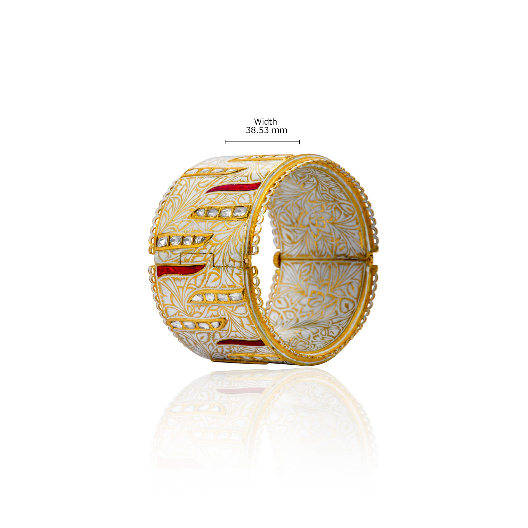 Anglo-Indian 22 Karat Yellow Gold Diamond, Red, and White Enamel Handcrafted Bangle For Sale
