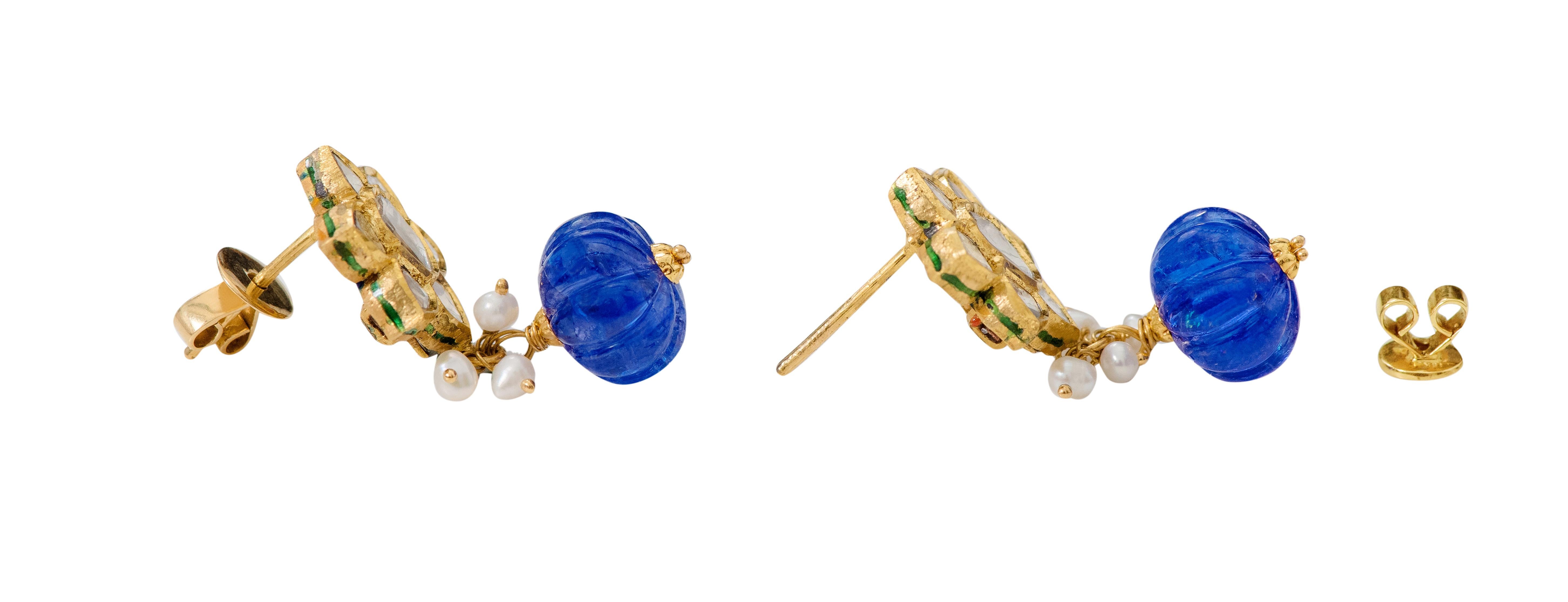 Anglo-Indian 22 Karat Yellow Gold Diamond, Tanzanite, and Pearl Drop Earring with Enamel Work For Sale