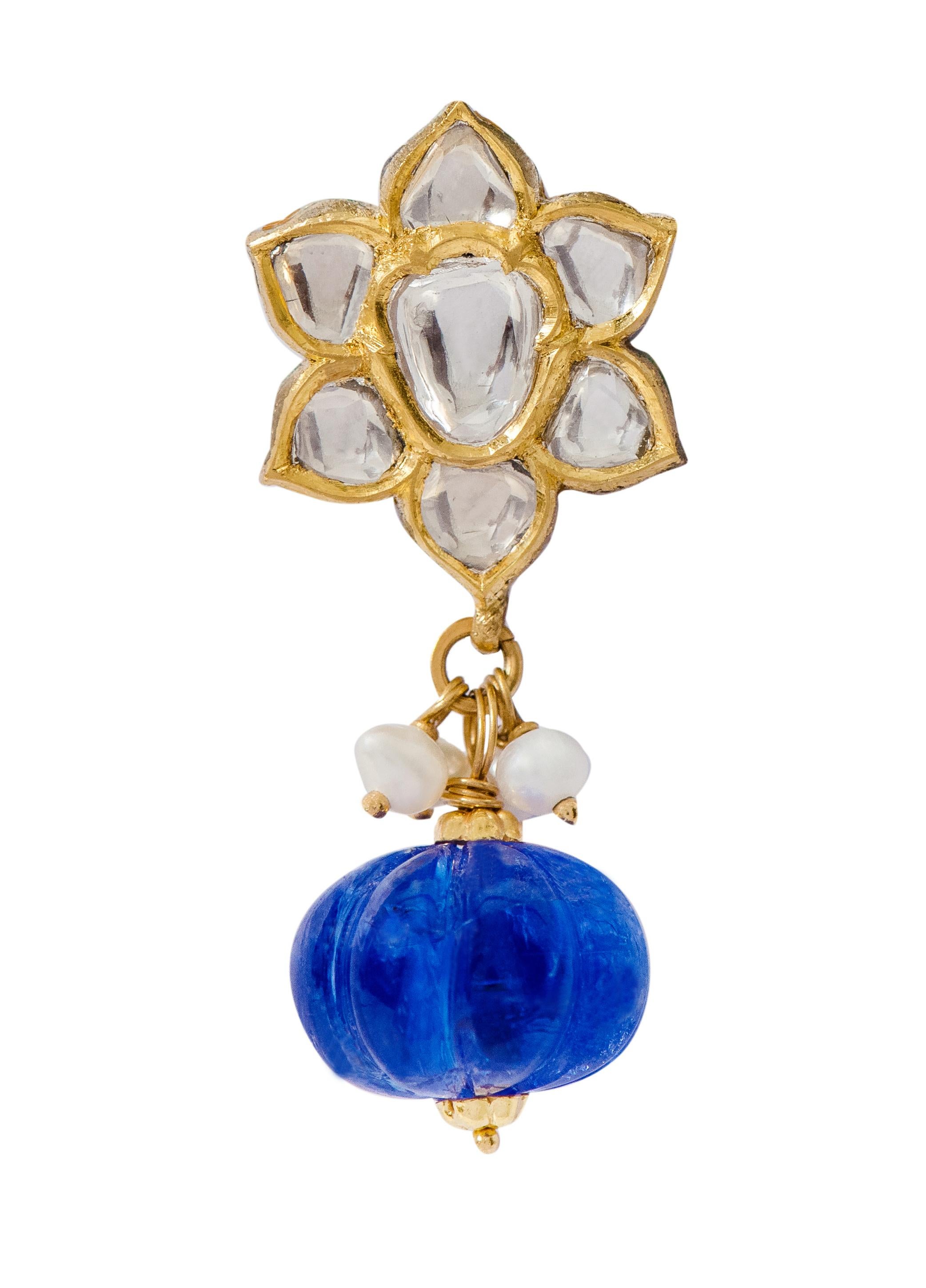 Uncut 22 Karat Yellow Gold Diamond, Tanzanite, and Pearl Drop Earring with Enamel Work For Sale