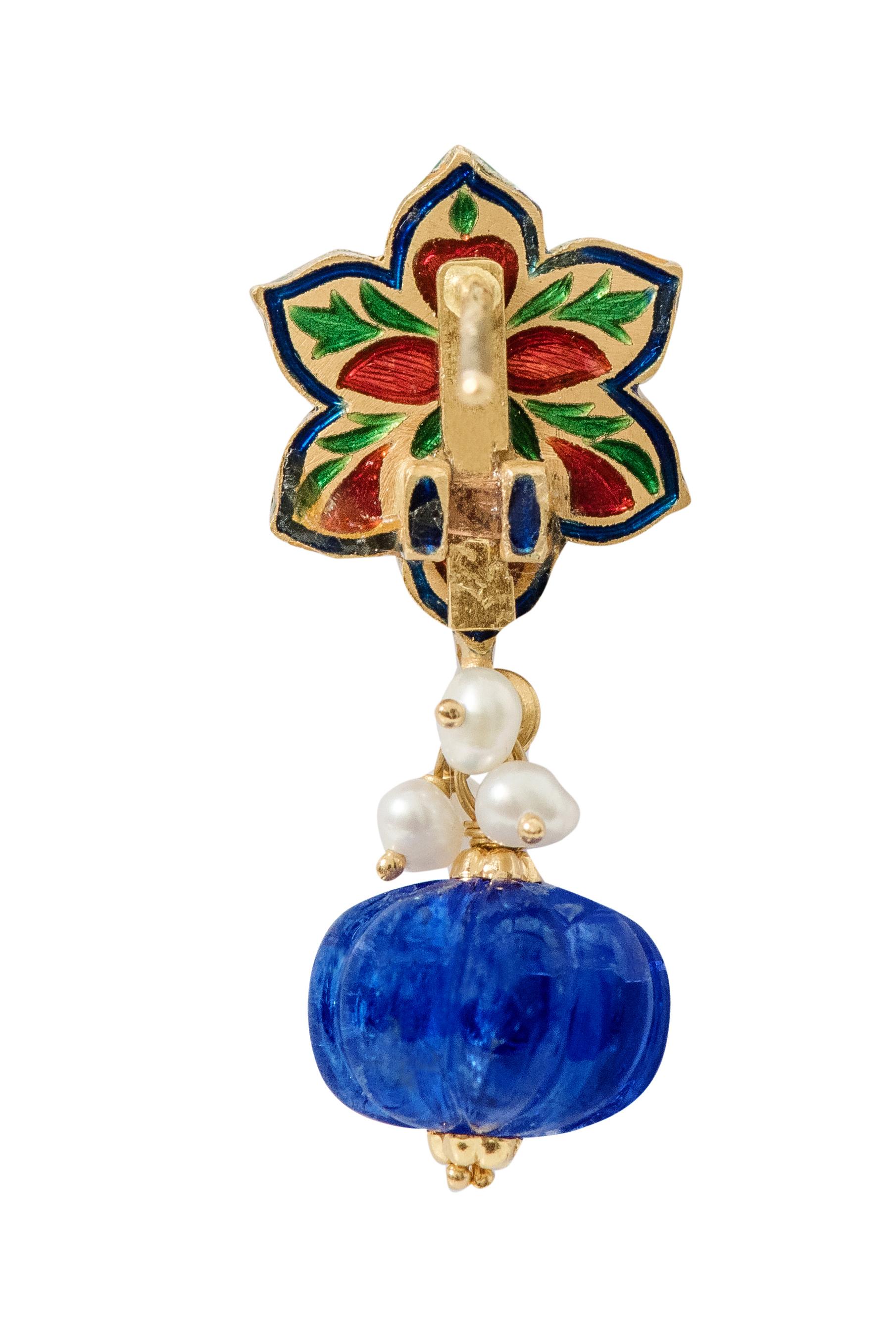 22 Karat Yellow Gold Diamond, Tanzanite, and Pearl Drop Earring with Enamel Work In New Condition For Sale In Jaipur, IN