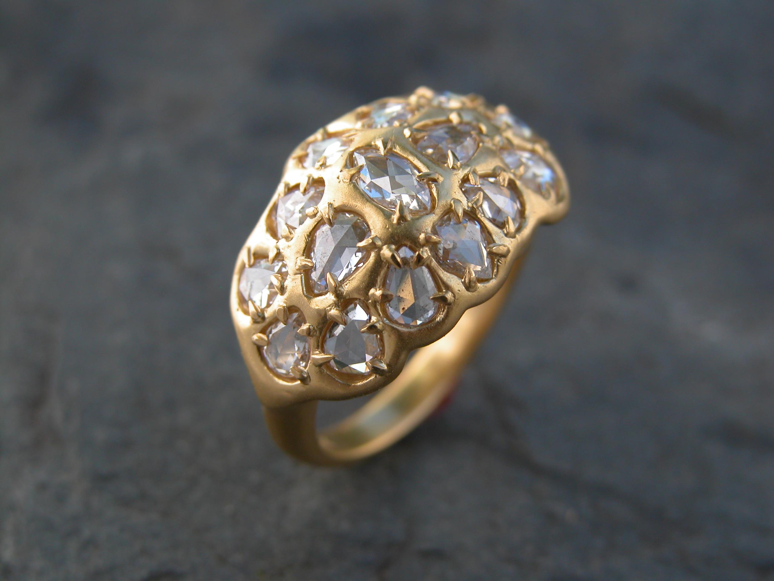 22 Karat Yellow Gold Dome Ring with Rose Cut Diamonds In New Condition For Sale In Weehawken, NJ