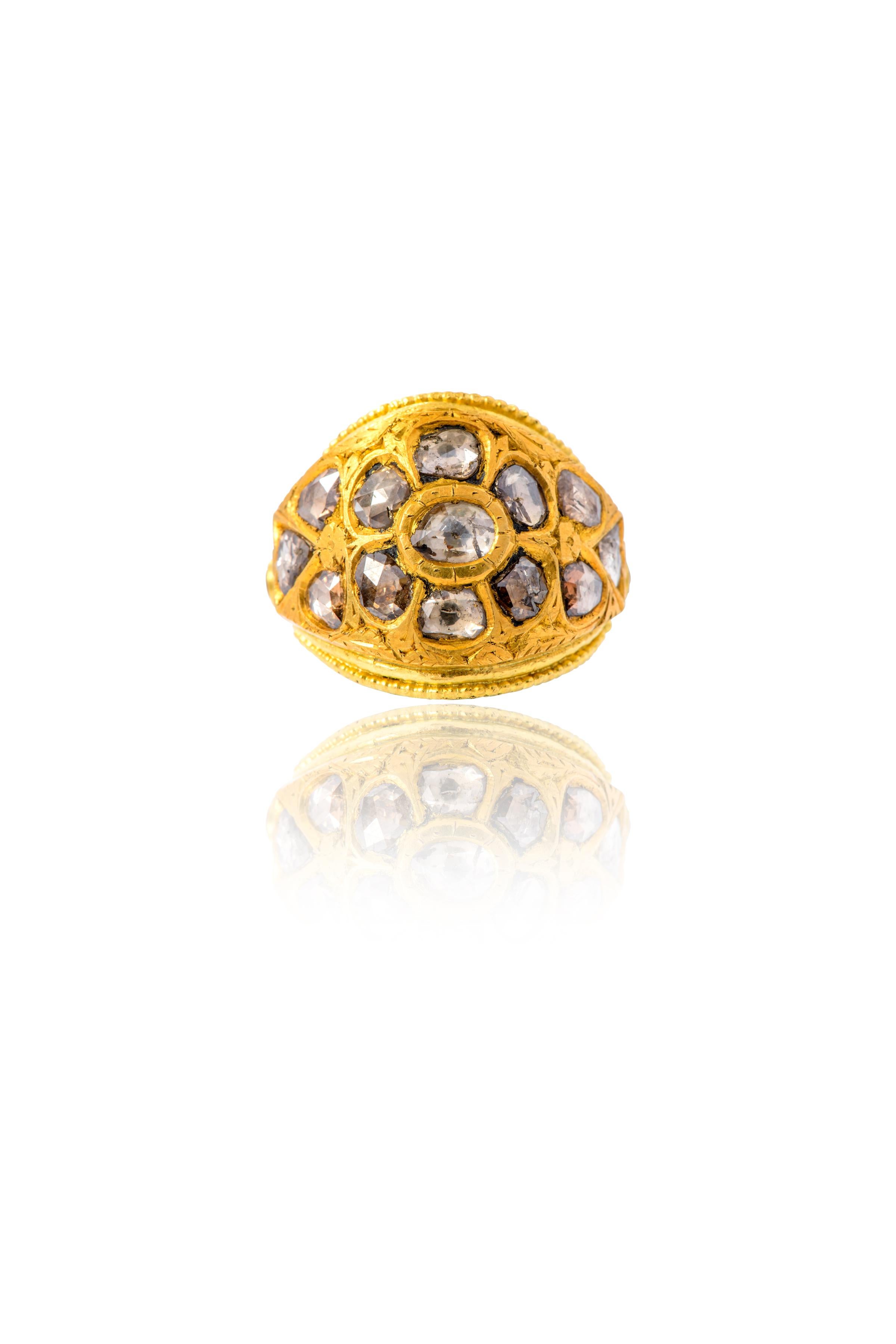 Women's 22 Karat Yellow Gold Dome-Shape Diamond and Ruby Statement Ring Handcrafted For Sale