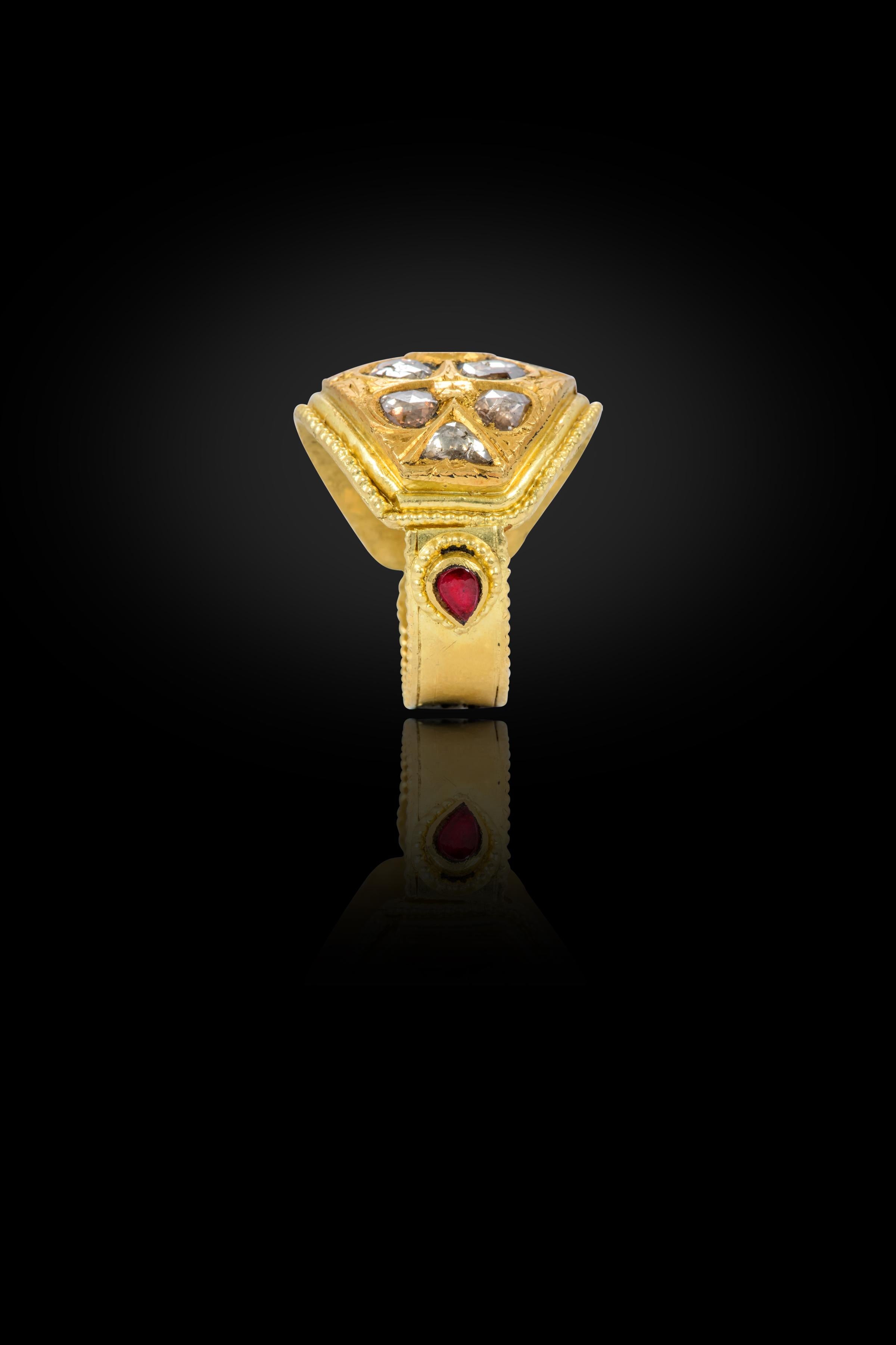 Uncut 22 Karat Yellow Gold Dome-Shape Diamond and Ruby Statement Ring Handcrafted For Sale