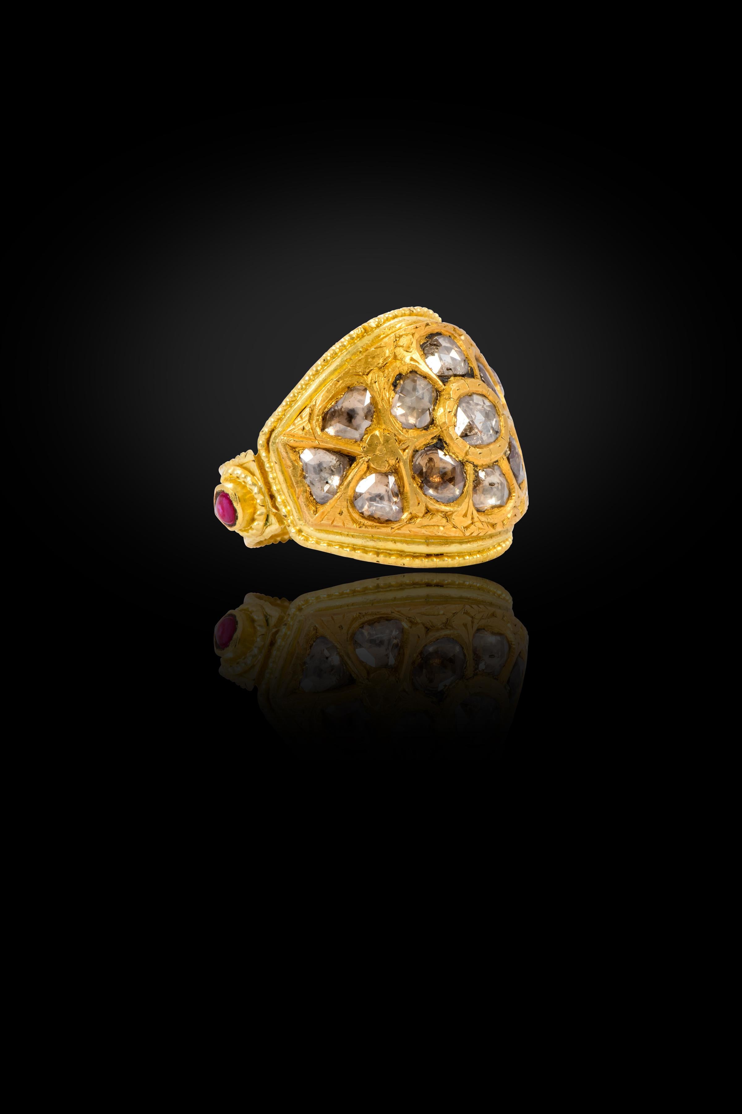 22 Karat Yellow Gold Dome-Shape Diamond and Ruby Statement Ring Handcrafted For Sale 1
