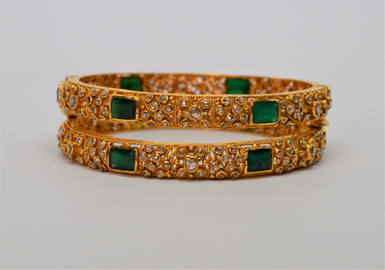 22 Karat Yellow Gold, Emerald and Diamond Bangle Bracelet Pair at 1stDibs