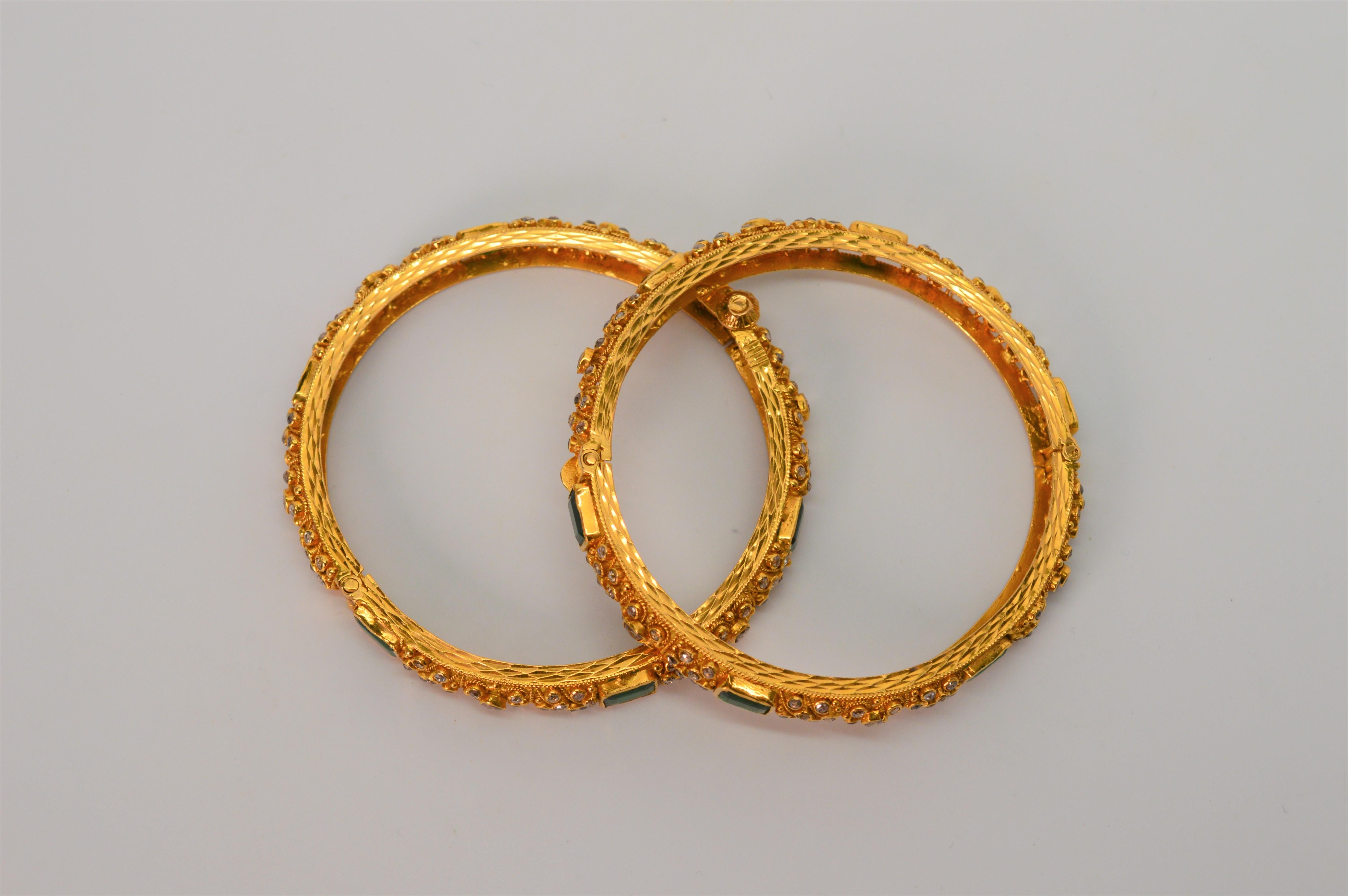 Emerald Cut 22 Karat Yellow Gold, Emerald and Diamond Bangle Bracelet Pair