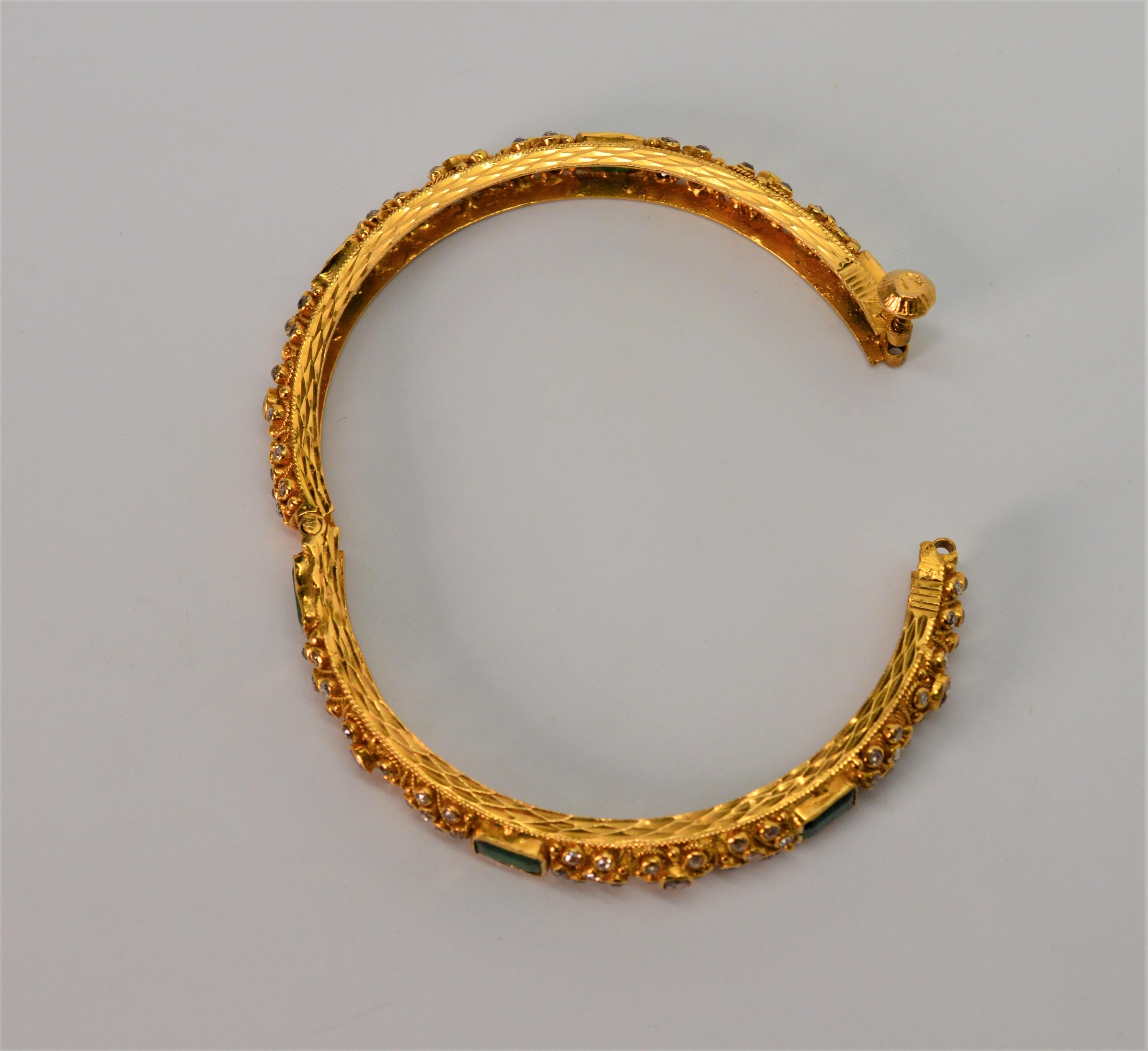 Women's 22 Karat Yellow Gold, Emerald and Diamond Bangle Bracelet Pair