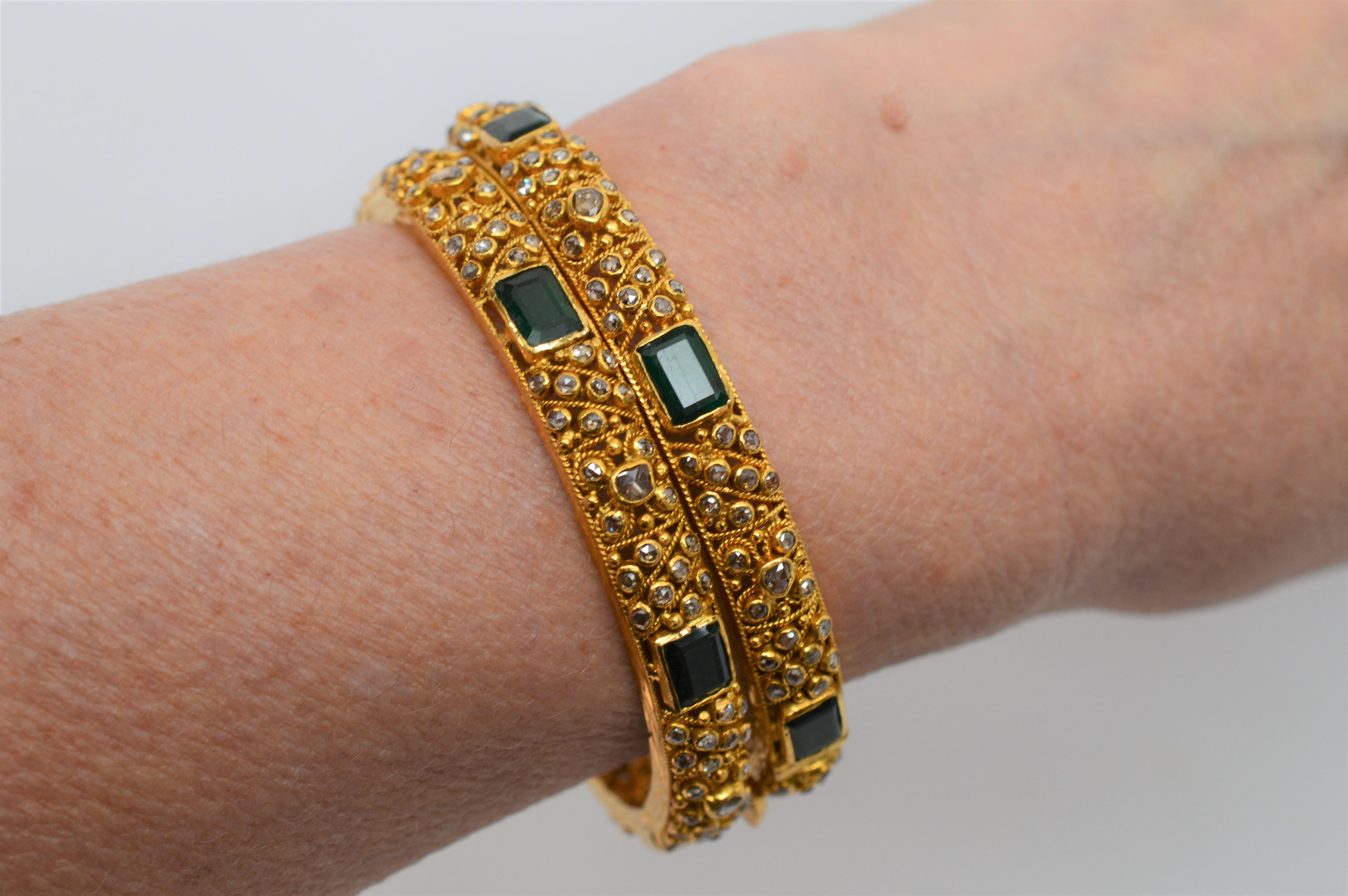 22 Karat Yellow Gold, Emerald and Diamond Bangle Bracelet Pair 1