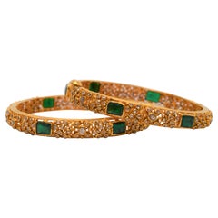 22 Karat Yellow Gold, Emerald and Diamond Bangle Bracelet Pair