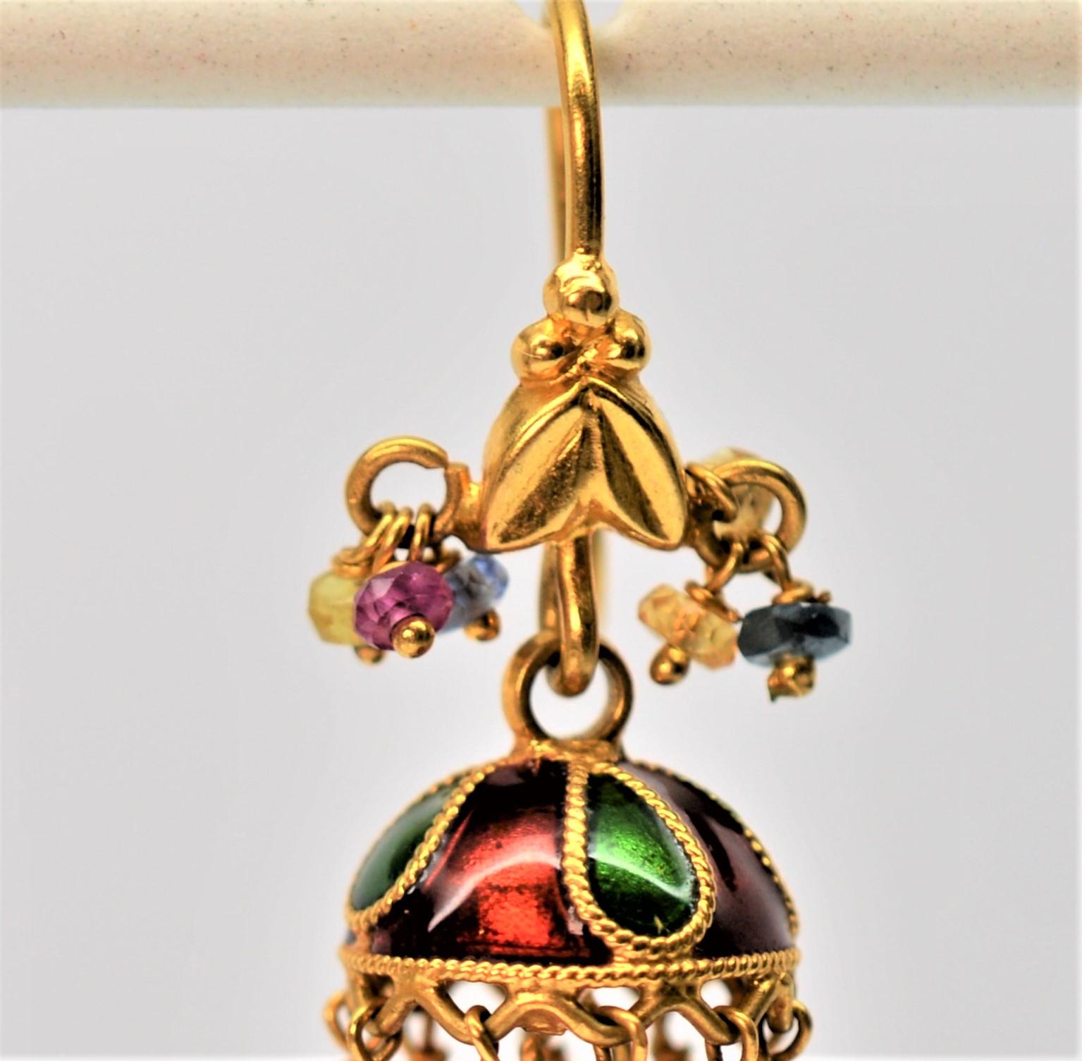 Artisan 22 Karat Yellow Gold Emerald and Ruby Earrings with Enamel Accents