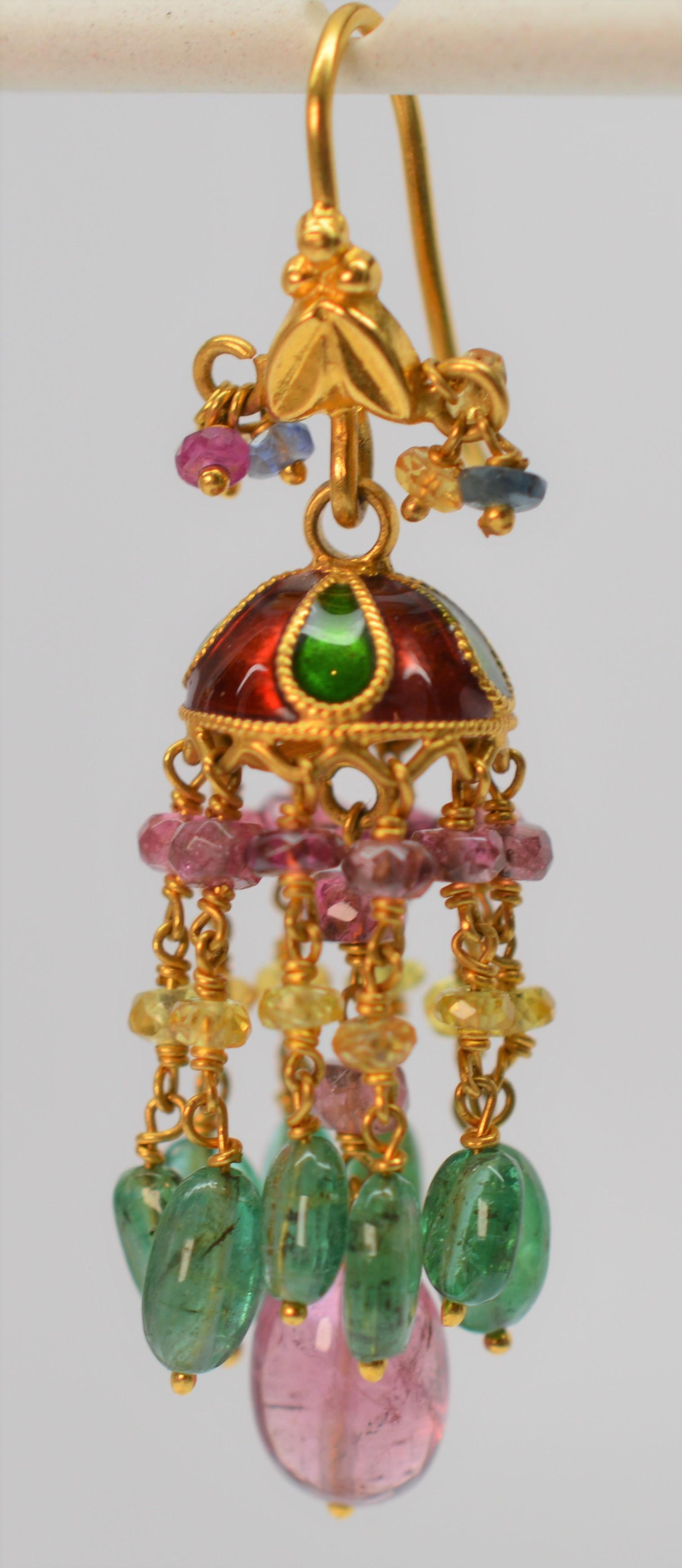 22 Karat Yellow Gold Emerald and Ruby Earrings with Enamel Accents In Excellent Condition In Mount Kisco, NY