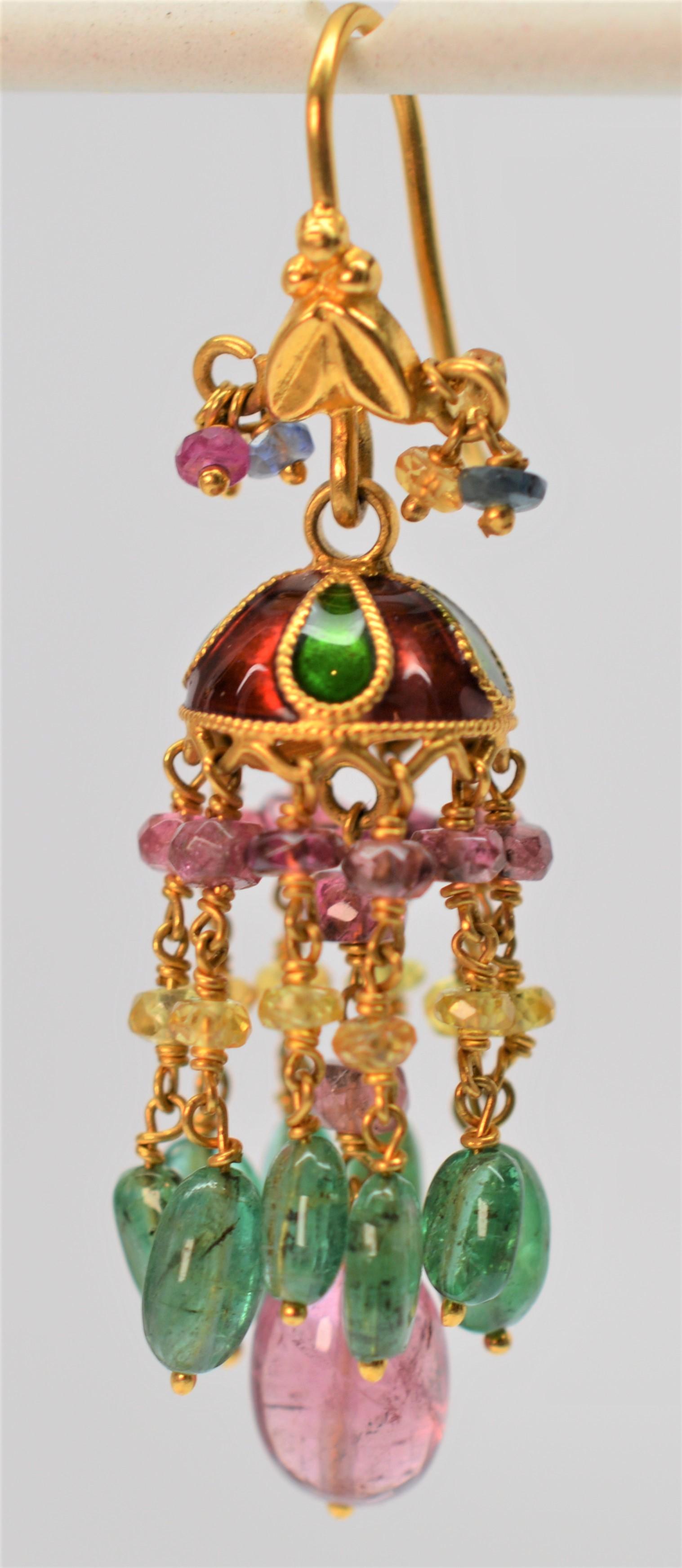 22 Karat Yellow Gold Emerald and Ruby Earrings with Enamel Accents 1