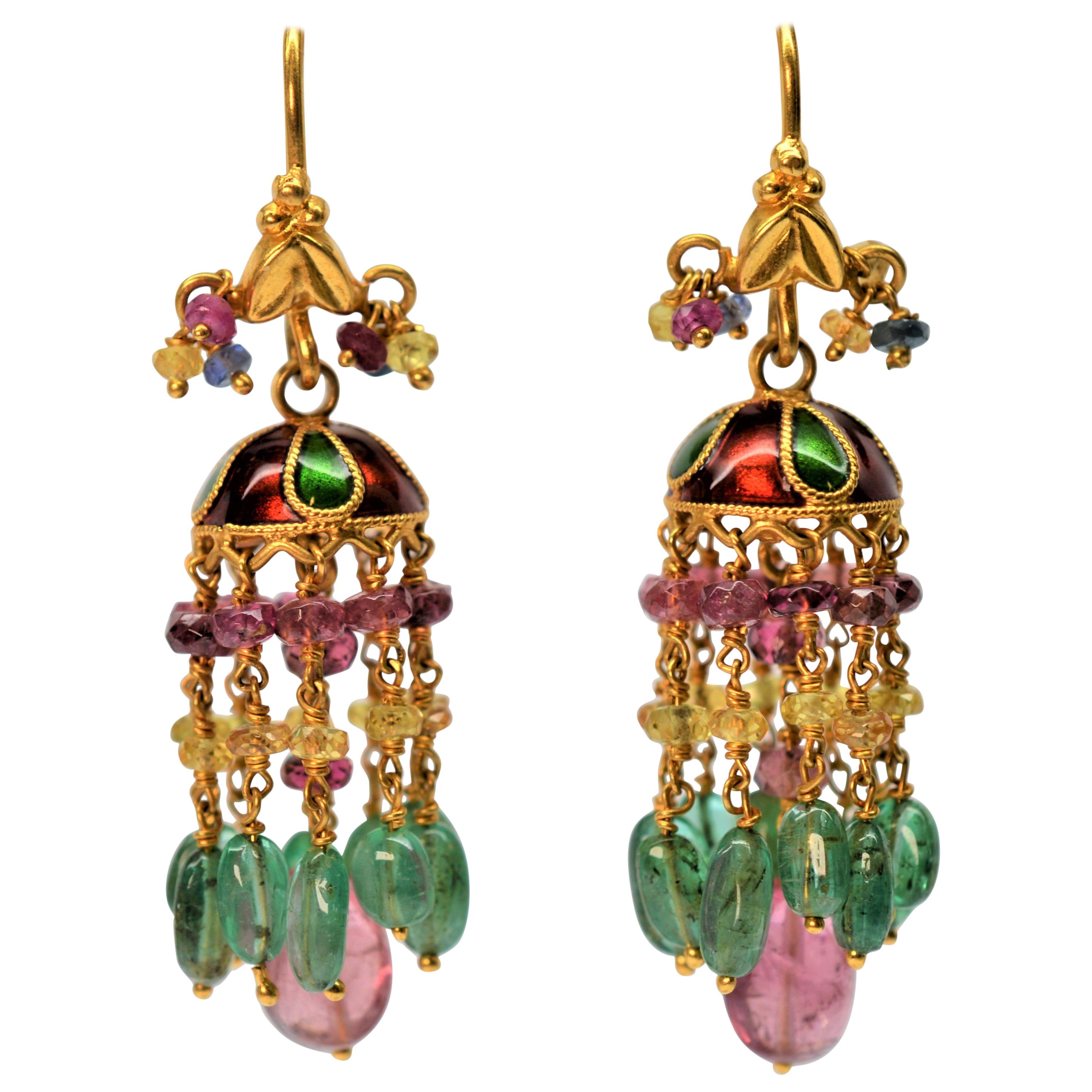 22 Karat Yellow Gold Emerald and Ruby Earrings with Enamel Accents