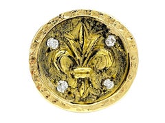 Carved Fleur de Lis Motif Signet Ring with Diamonds in 22 Karat Yellow Gold