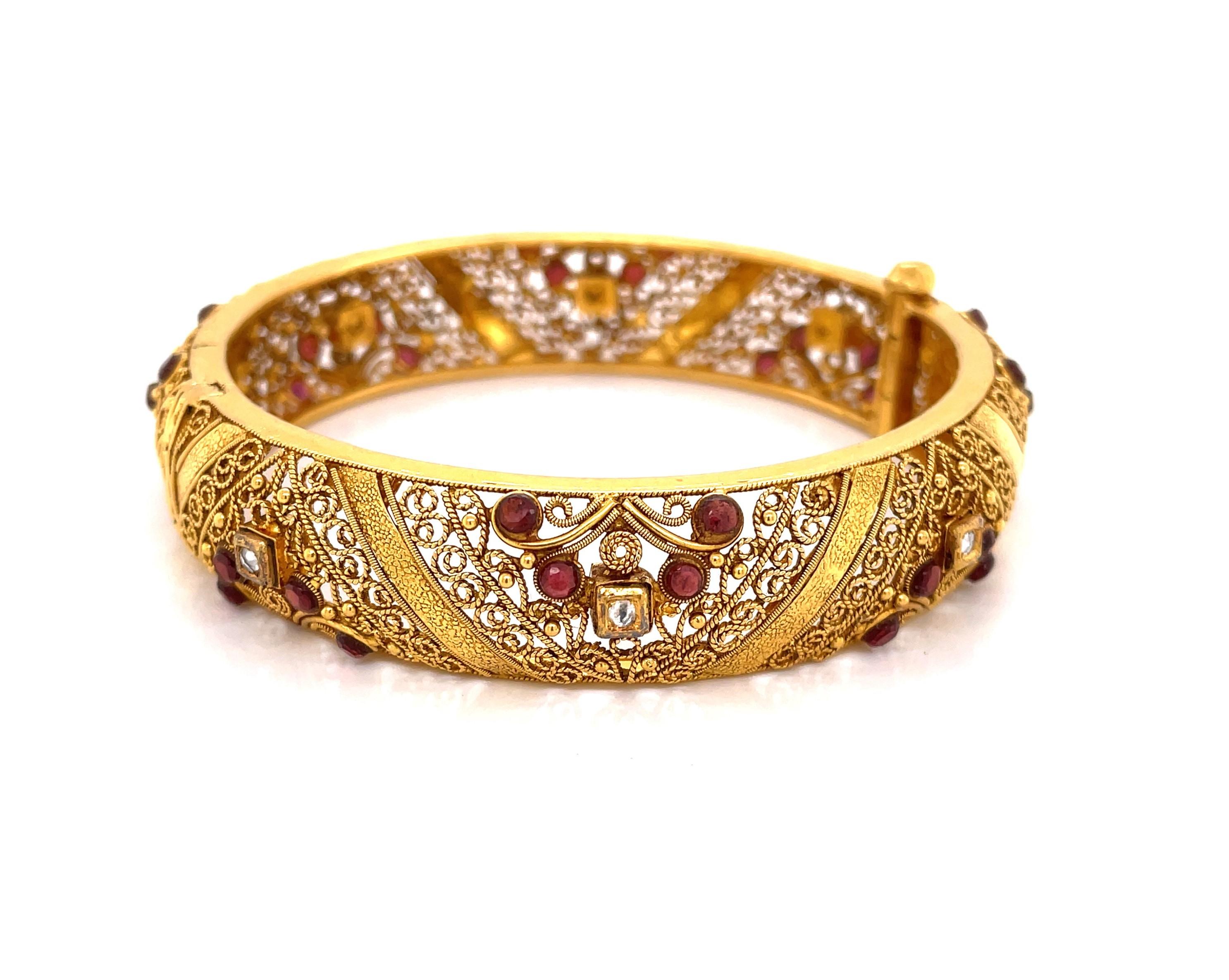 Women's Ornate 22 Karat Yellow Gold Filigree Bangle Bracelet w Ruby Diamond Accents  For Sale