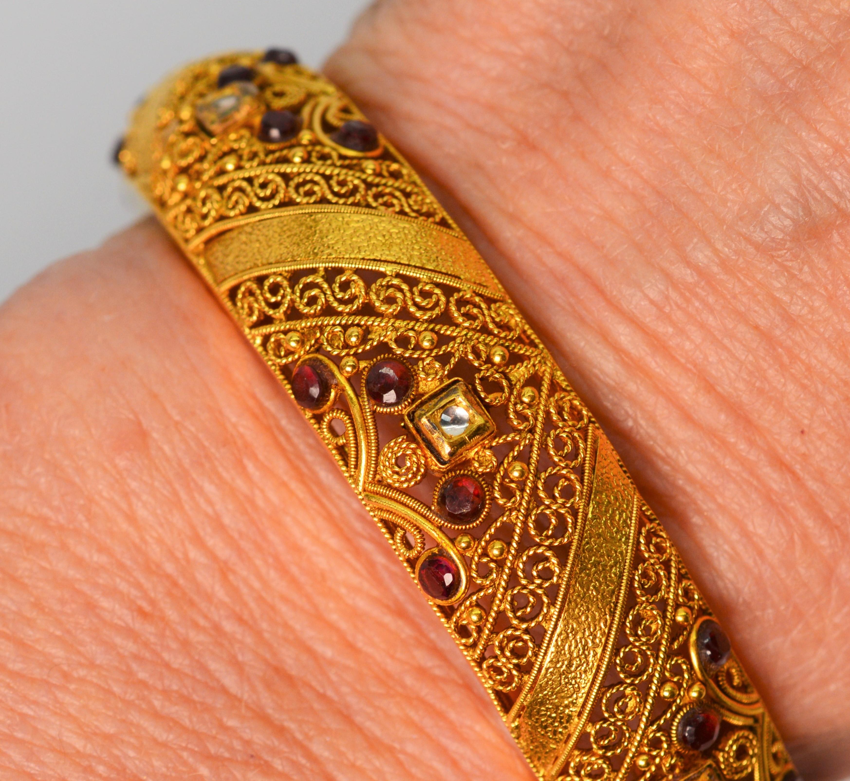 Artisan Ornate 22 Karat Yellow Gold Filigree Bangle Bracelet w Ruby Diamond Accents  For Sale