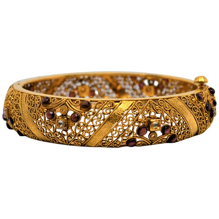 22 Karat Yellow Gold, Garnet and Diamond Handcrafted Ornate Bangle Cuff ...