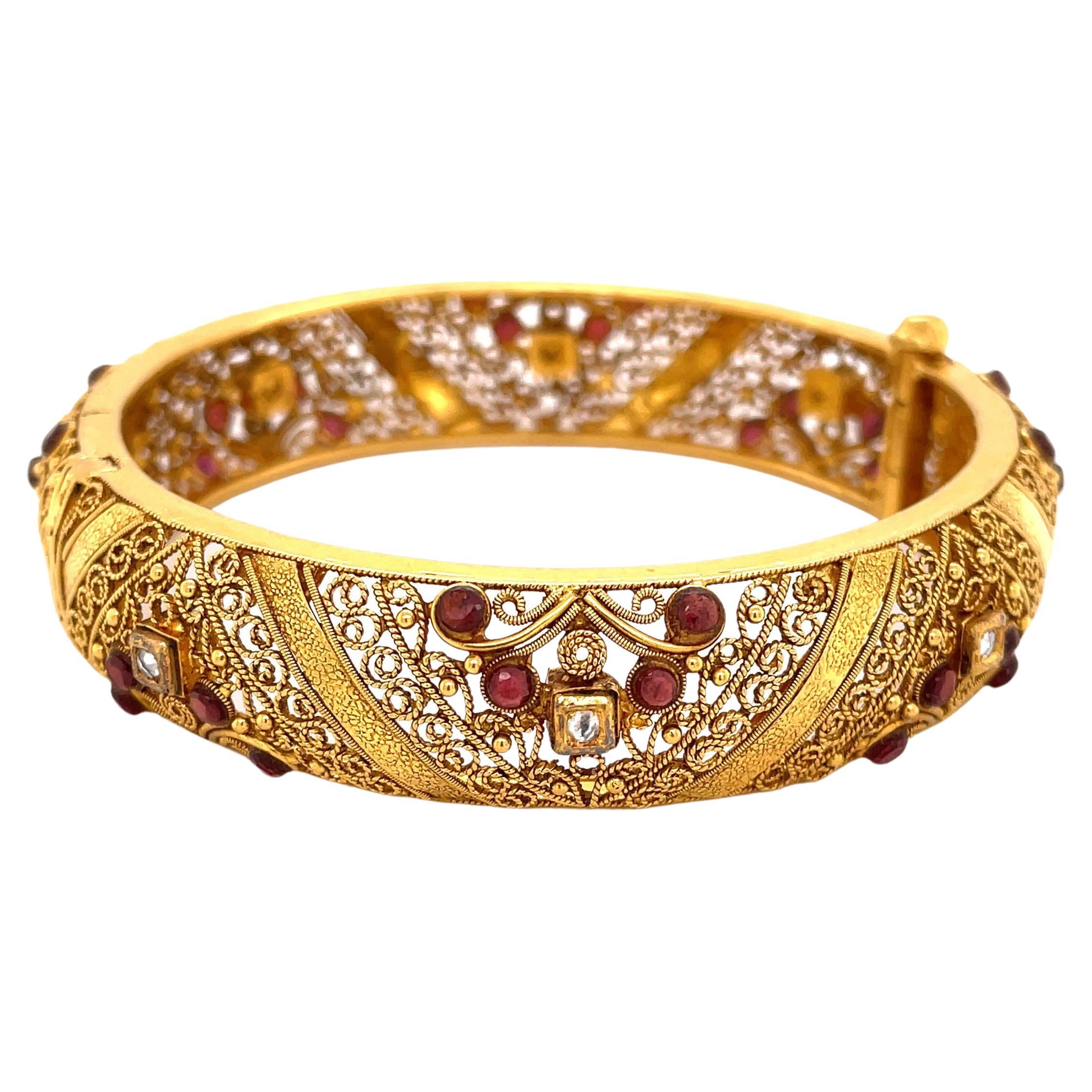 Ornate 22 Karat Yellow Gold Filigree Bangle Bracelet w Ruby Diamond Accents 
