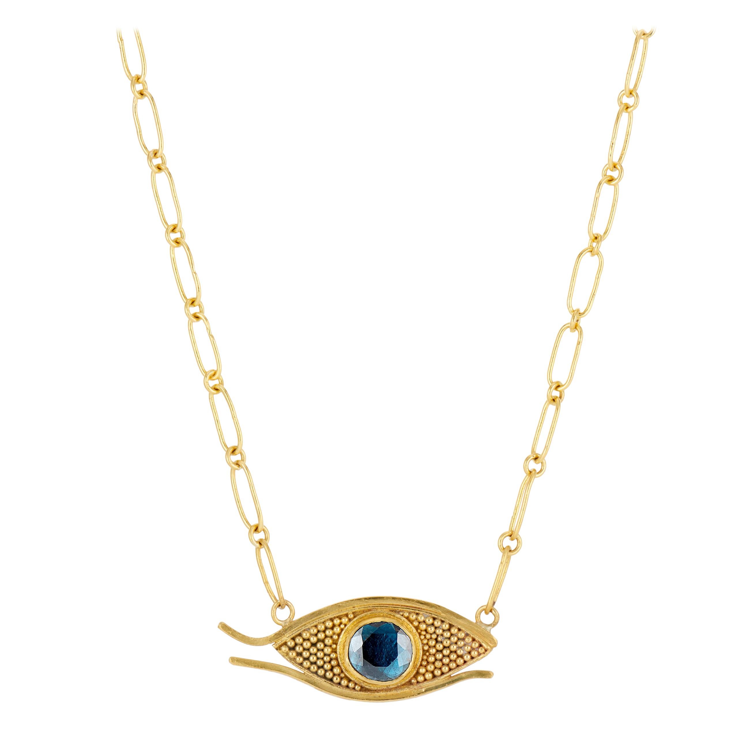 Egyptian Eye, Blue Rose Cut Spinel, Granulated Gold Pendant Chain Necklace 