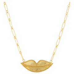 22 Karat Yellow Gold Granulated Smiling Lips Necklace with 22 Karat Link Chain