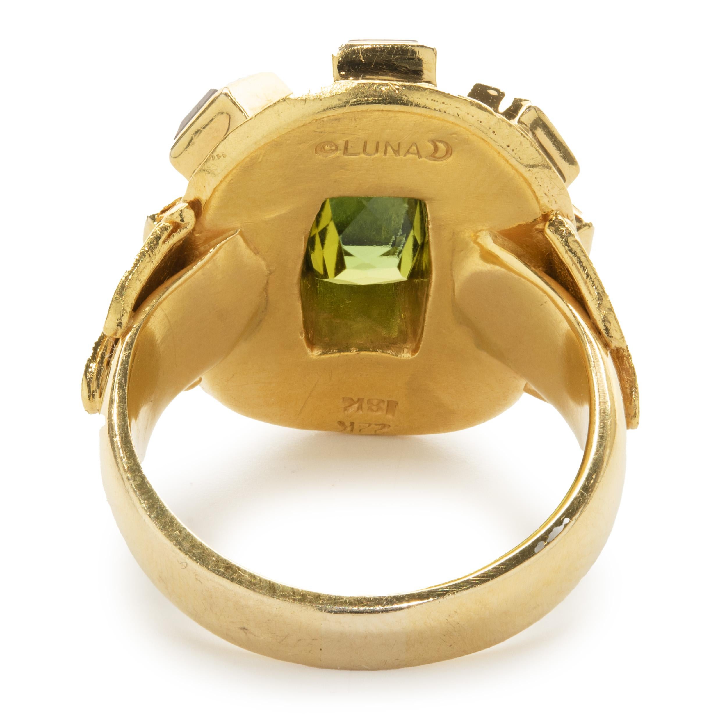 Mixed Cut 22 Karat Yellow Gold Green and Orange Tourmaline Ornate Ring For Sale