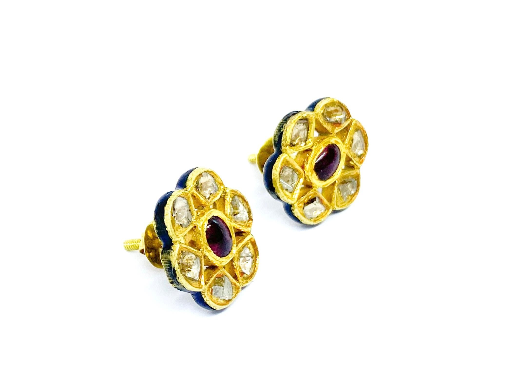 Victorian 22 Karat Yellow Gold India Enamel Diamonds Earrings