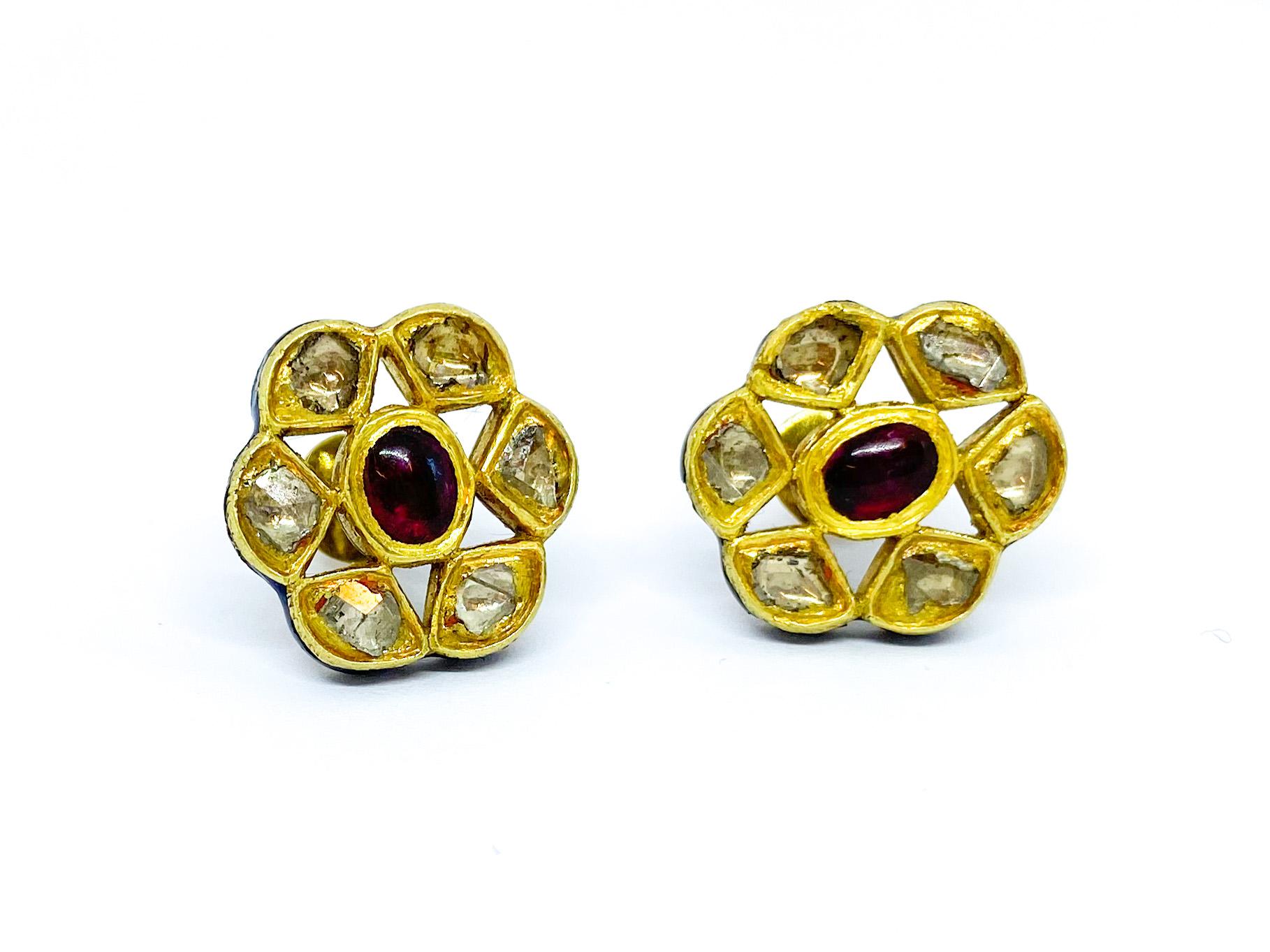 Women's or Men's 22 Karat Yellow Gold India Enamel Diamonds Earrings