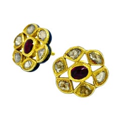 Vintage 22 Karat Yellow Gold India Enamel Diamonds Earrings