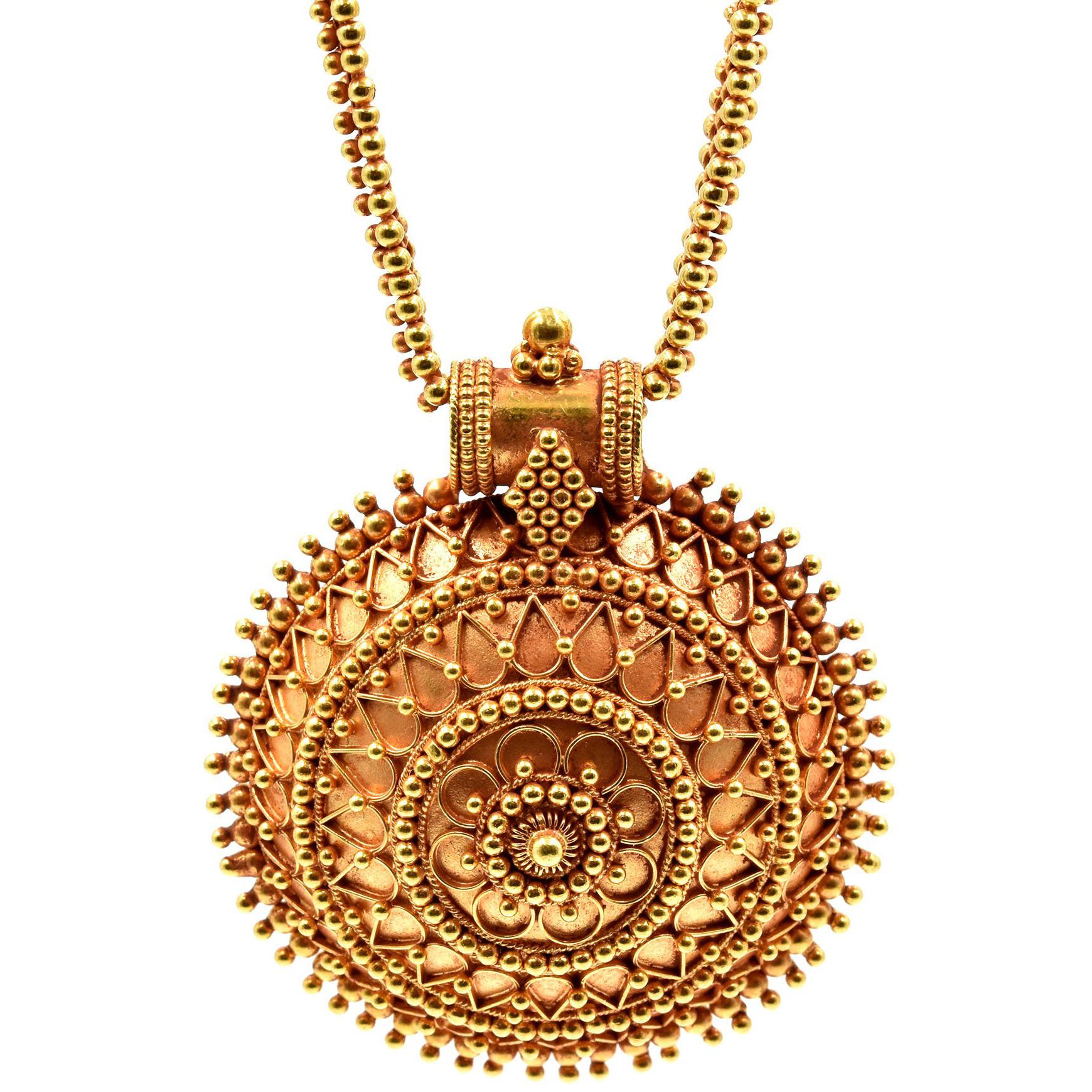 22 Karat Yellow Gold, India Style Necklace with Domed Pendant, 55.2 Grams