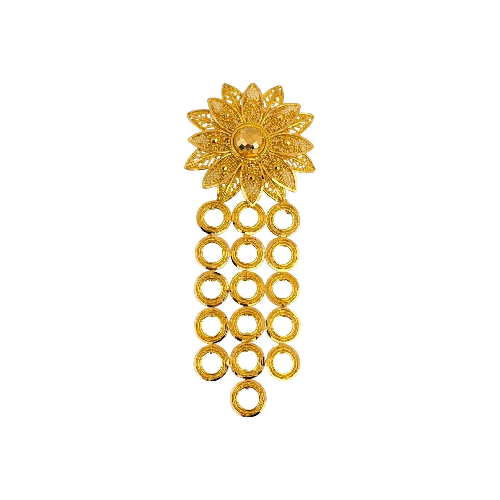 Women's or Men's 22 Karat Yellow Gold Large Fancy Diamond Cut Floral Drop Dangle Earrings