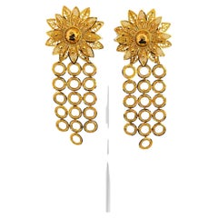 22 Karat Yellow Gold Large Fancy Diamond Cut Floral Drop Dangle Earrings