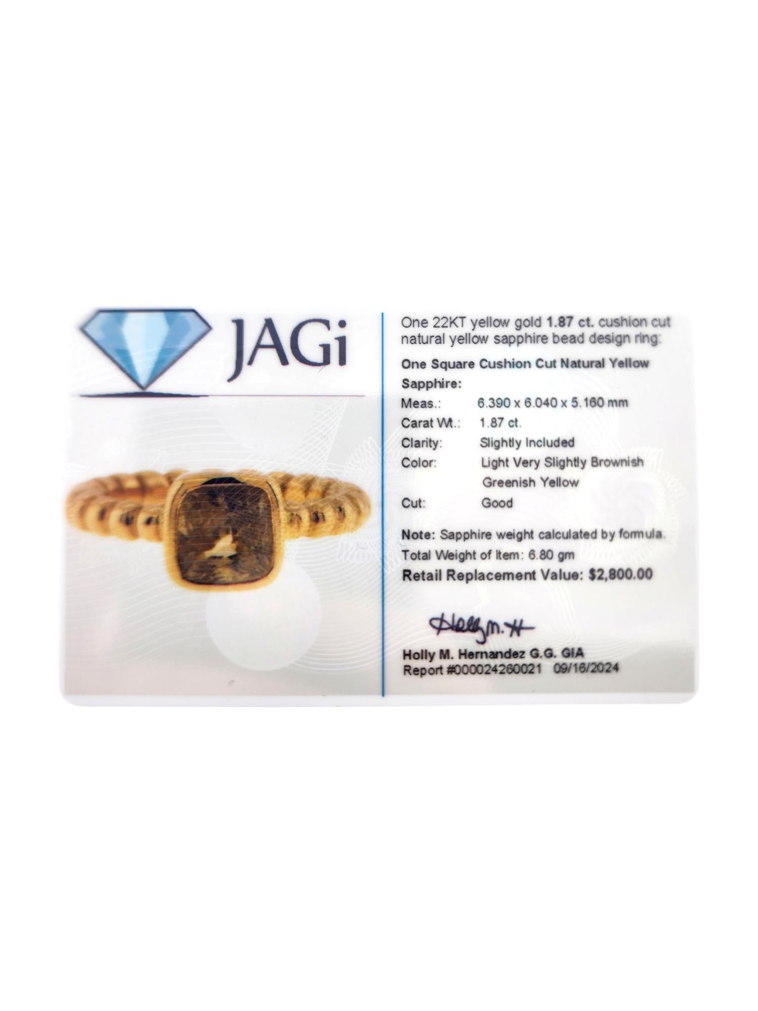 Bague en or jaune 22 carats avec perles de saphir jaune naturel, taille 4 n°19027 en vente 1