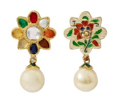 22 Karat Yellow Gold Nine Precious Gems "Navratan" Drop Earring with Enamel Work