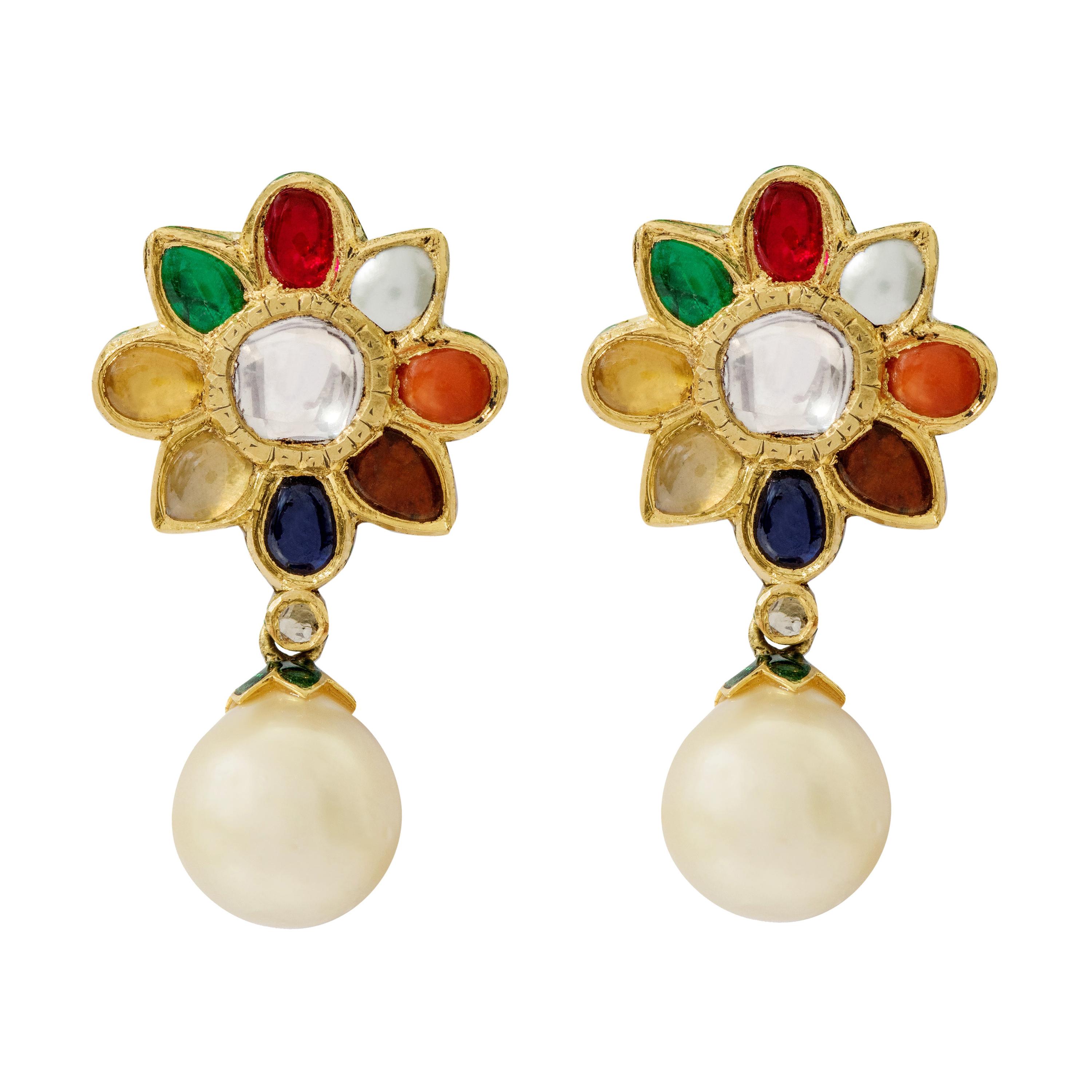 22 Karat Yellow Gold Nine Precious Gems "Navratan" Drop Earring with Enamel Work For Sale