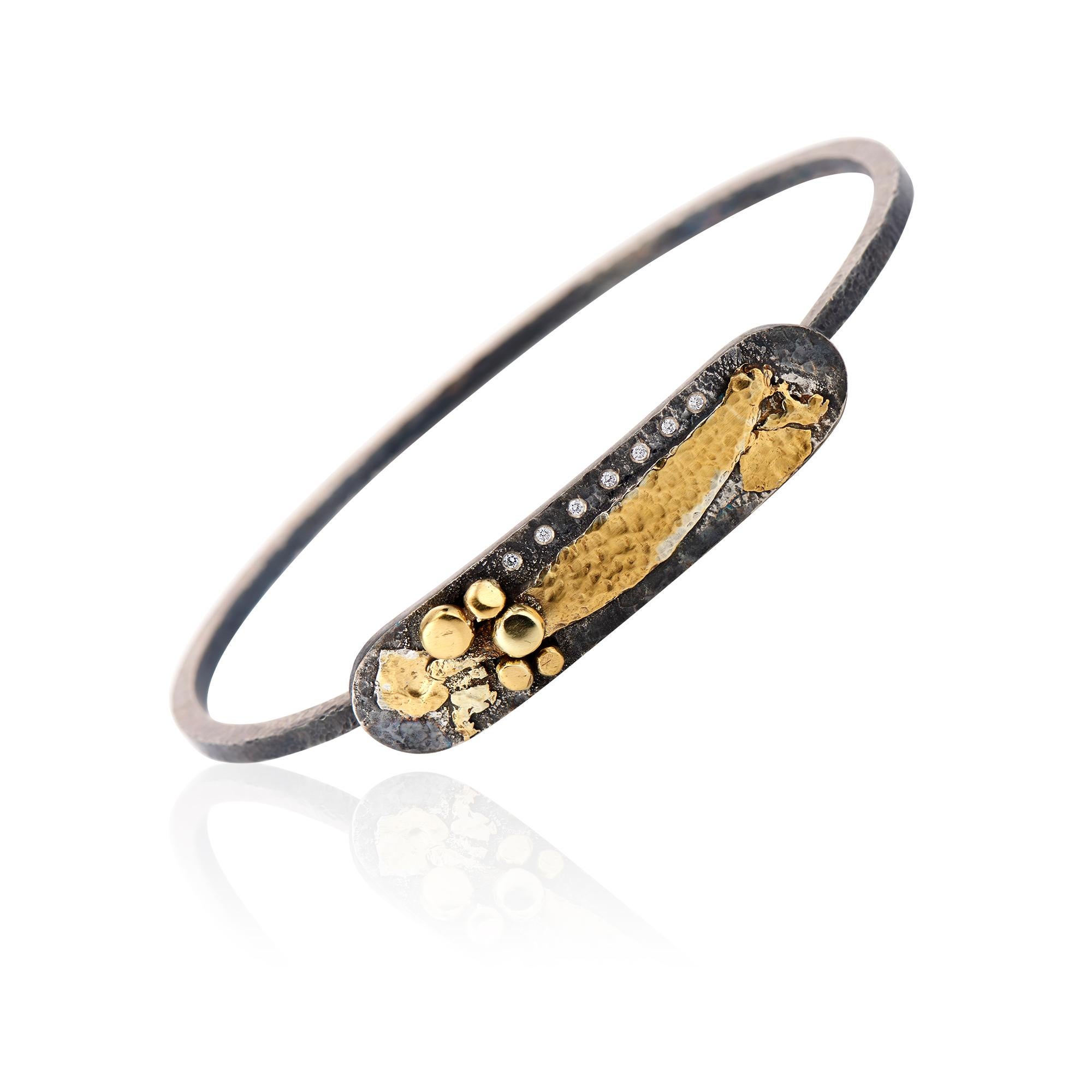 Round Cut 22 Karat Yellow Gold, Oxidized Sterling Silver, Diamond Abstract Bangle Bracelet