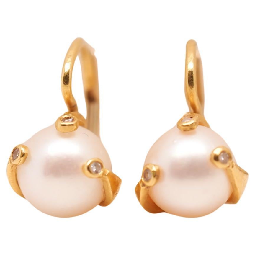22 Karat Yellow Gold Pearl and Diamond Claw Wrap Earrings For Sale