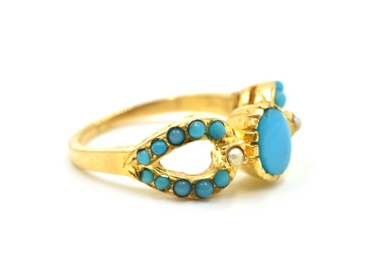 22 Karat Yellow Gold Persian LightBlue Turquoise Fashion Ring with Seed Pearls For Sale at 1stdibs