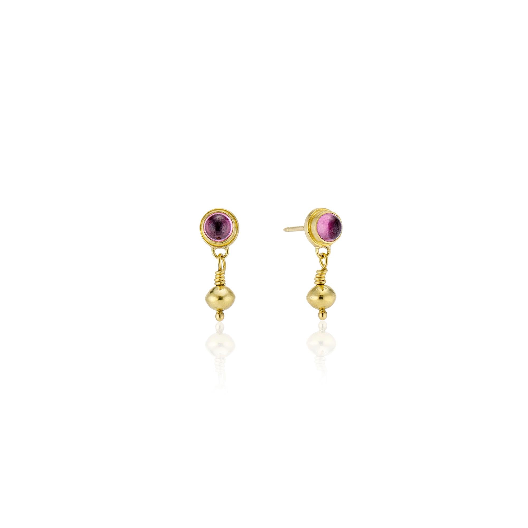 Contemporary 1.2 Carat Pink Tourmaline Cabochons, Gold Round Orb Beads Dangle Drop Earrings