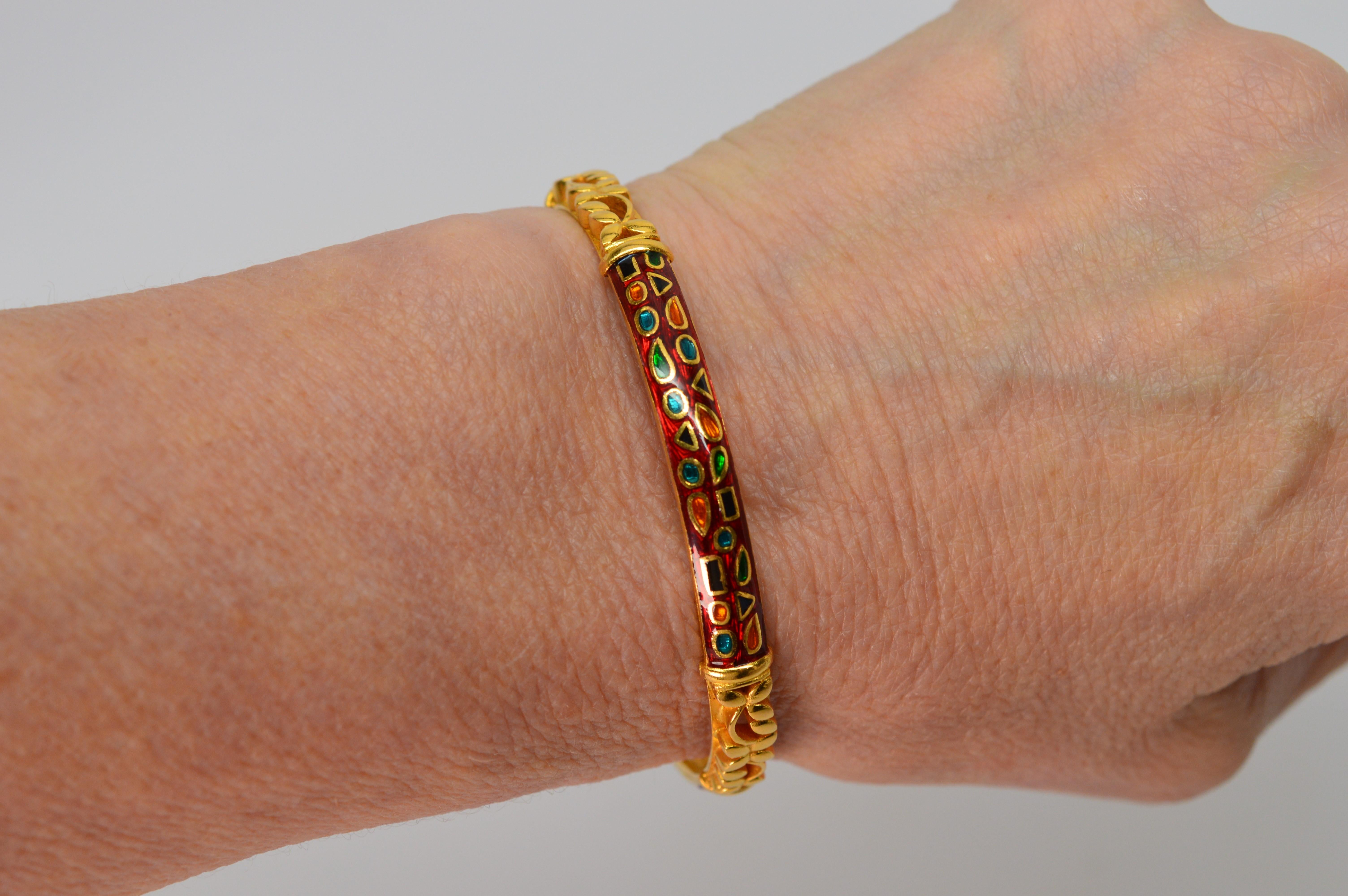 22 Karat Yellow Gold Red Enamel Artisan Bracelet In Excellent Condition For Sale In Mount Kisco, NY