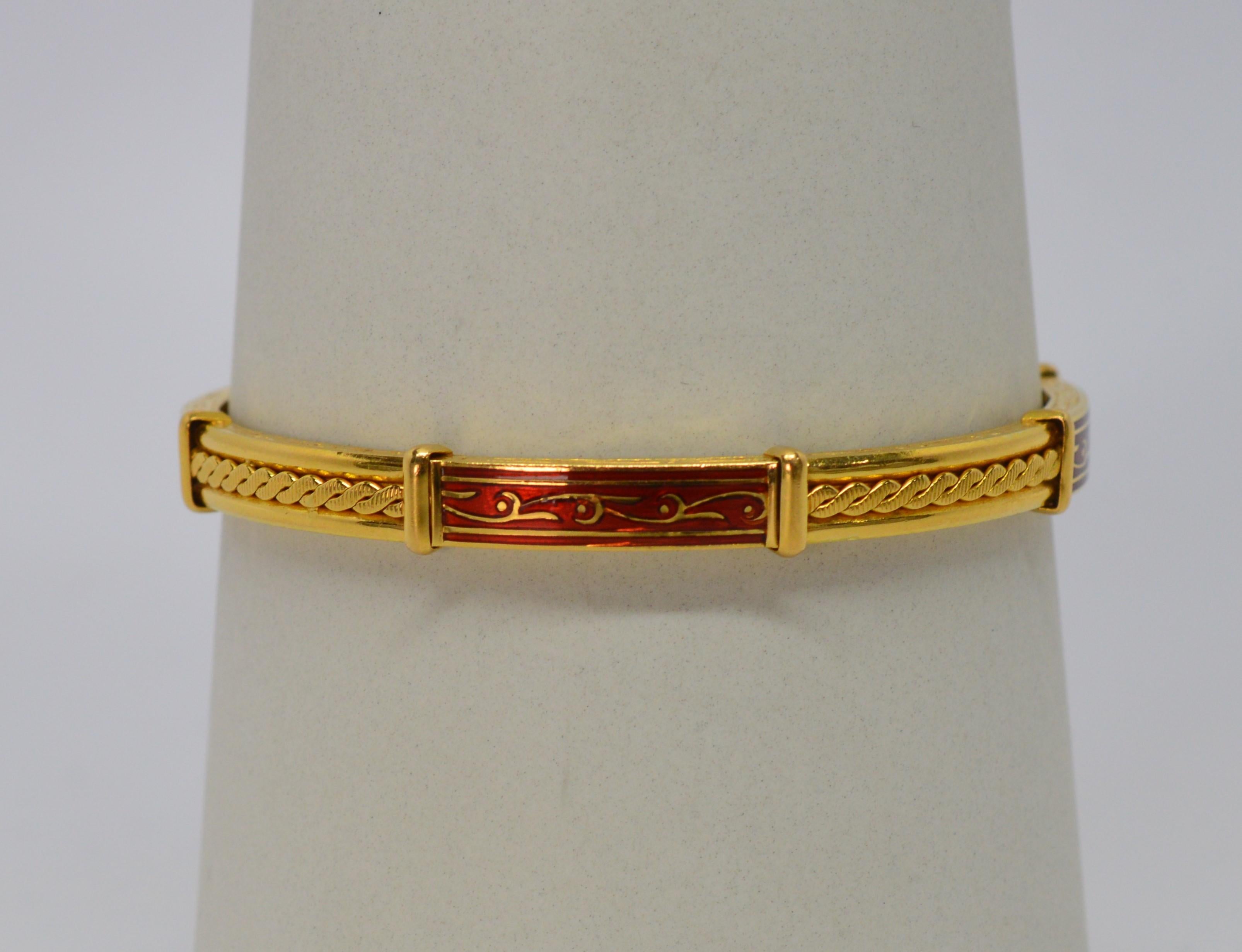 20 Karat Yellow Gold Red Enamel Bangle Bracelet For Sale 1