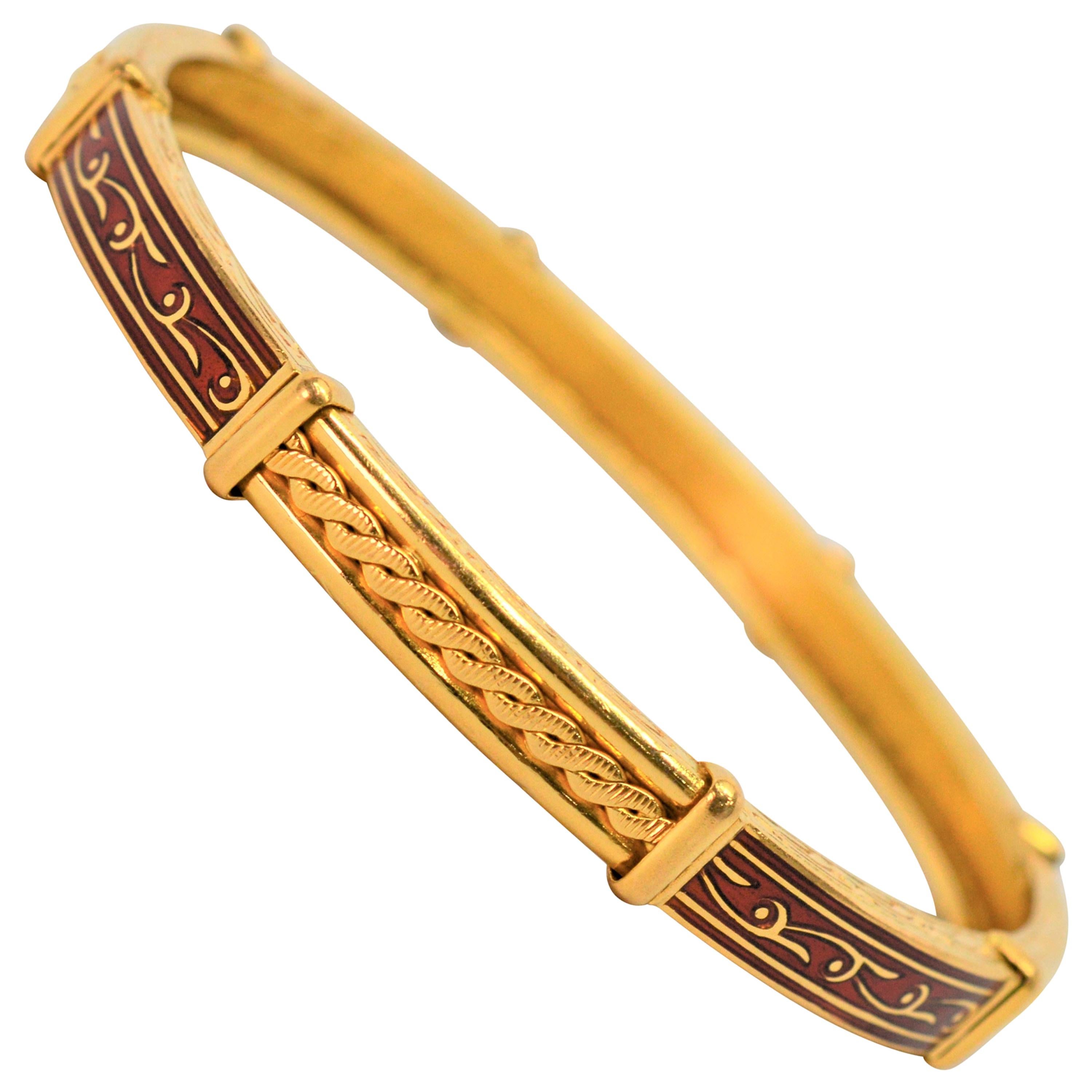 22 Karat Yellow Gold Red Enamel Bangle Bracelet