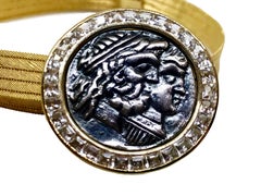 22 Karat Yellow Gold Roman Coin Wicker Bracelet with 4.50 White Sapphire