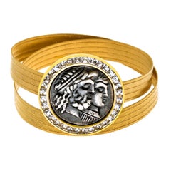 22 Karat Yellow Gold Roman Coin Wicker Bracelet with 4.50 White Sapphire