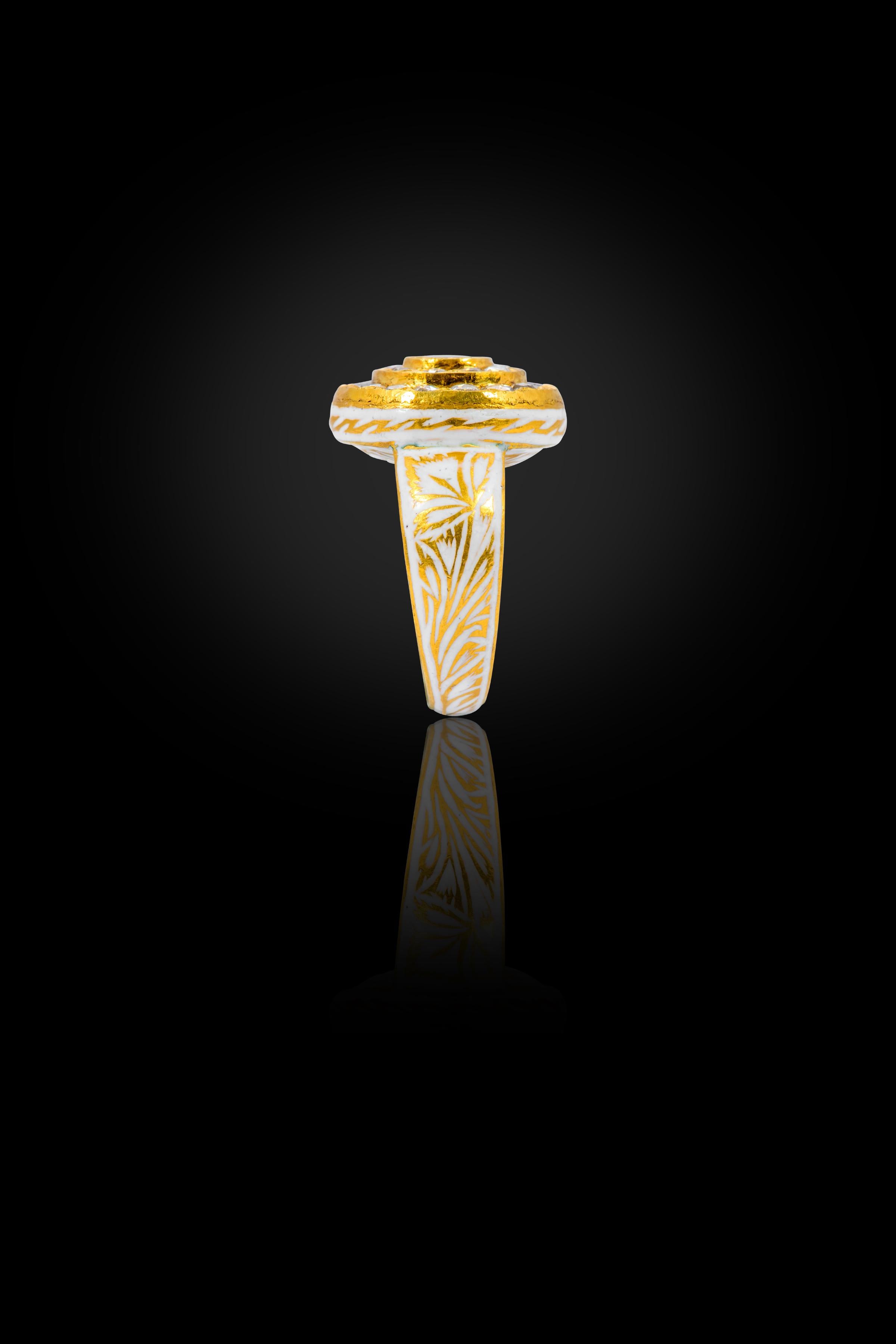 22 Karat Gold Rose-Cut Diamond Ring Handcrafted with White Enamel Work  For Sale 2