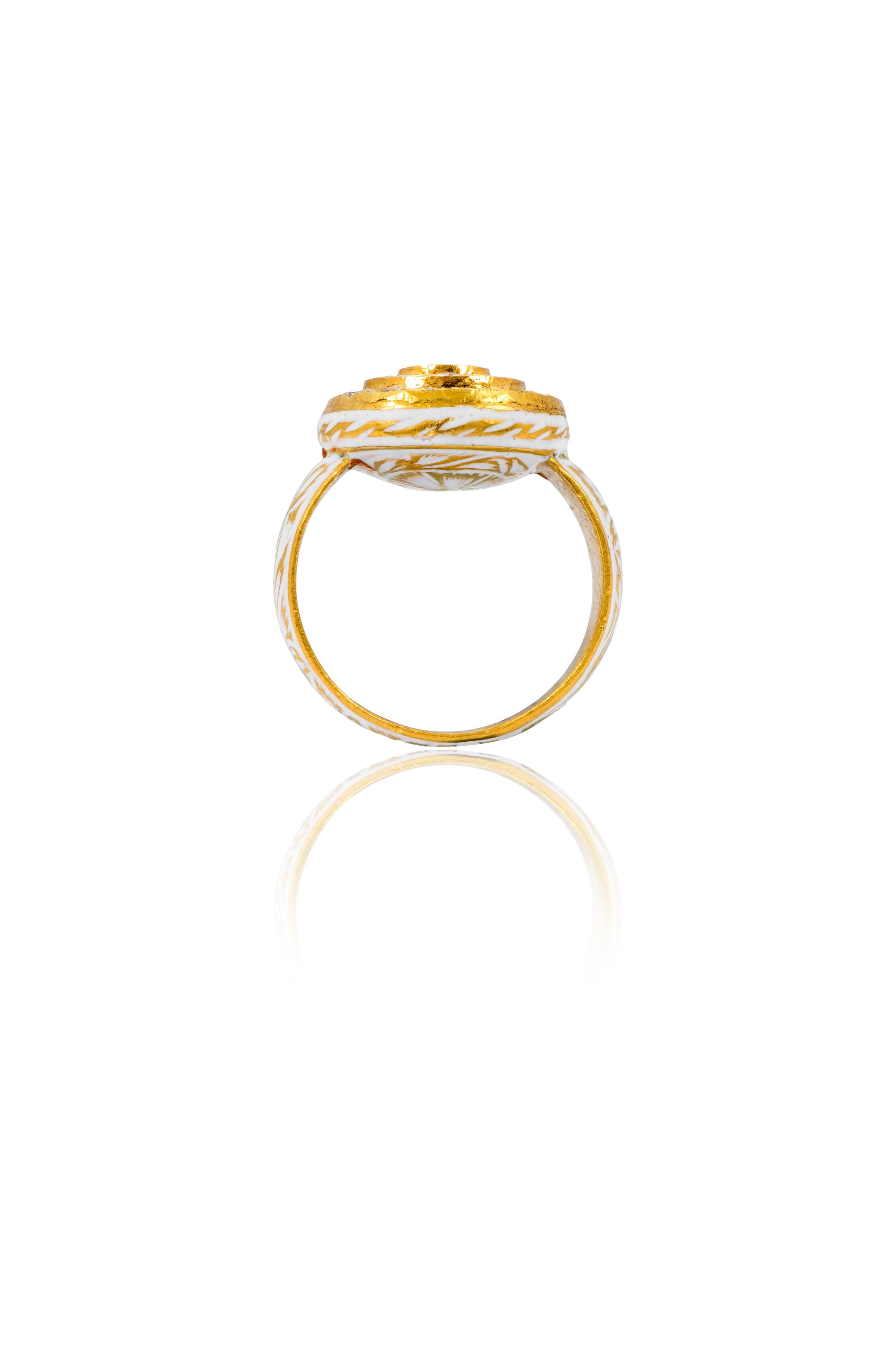 Rose Cut 22 Karat Gold Rose-Cut Diamond Ring Handcrafted with White Enamel Work  For Sale