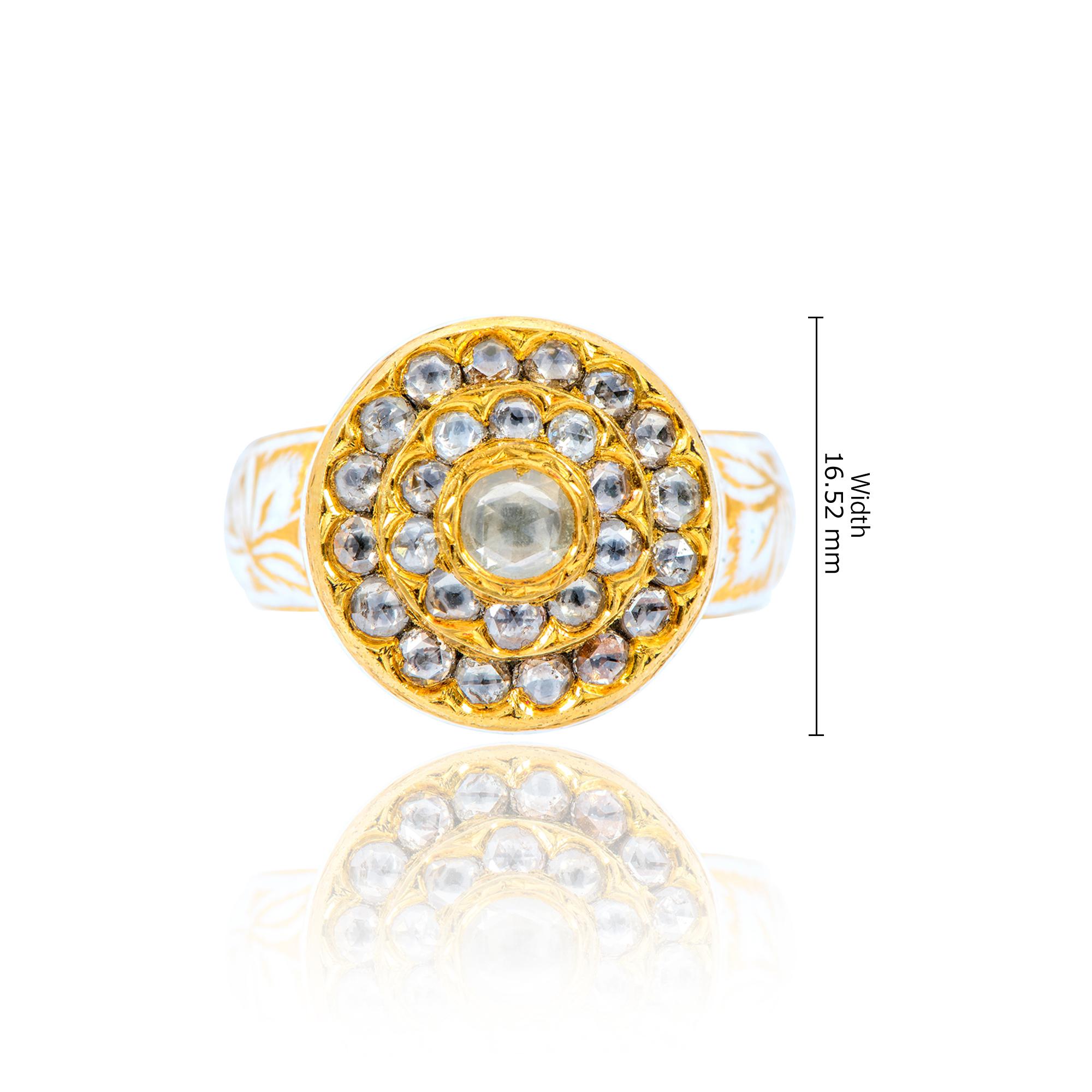 22 Karat Gold Rose-Cut Diamond Ring Handcrafted with White Enamel Work  In New Condition For Sale In Jaipur, IN