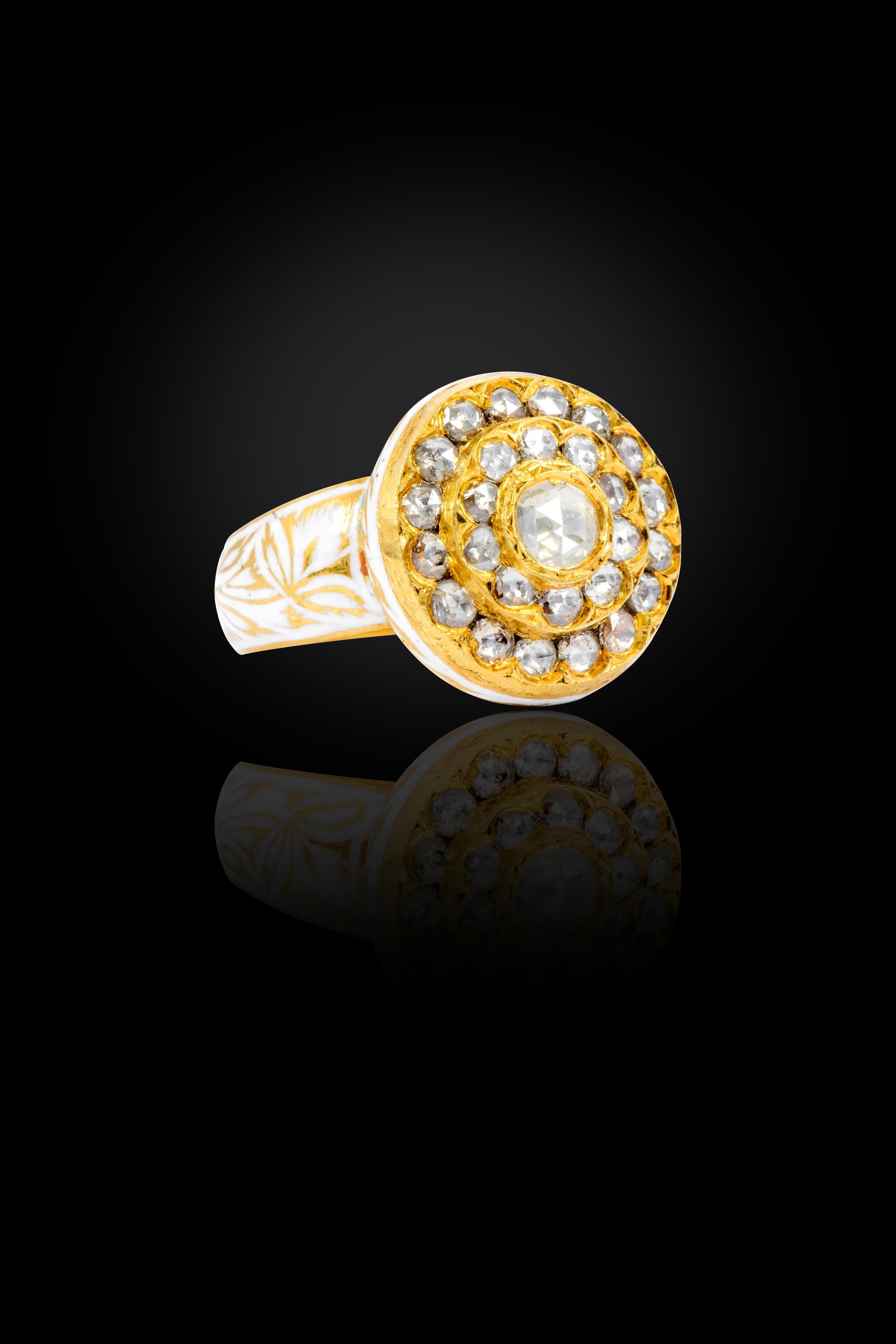 Women's 22 Karat Gold Rose-Cut Diamond Ring Handcrafted with White Enamel Work  For Sale