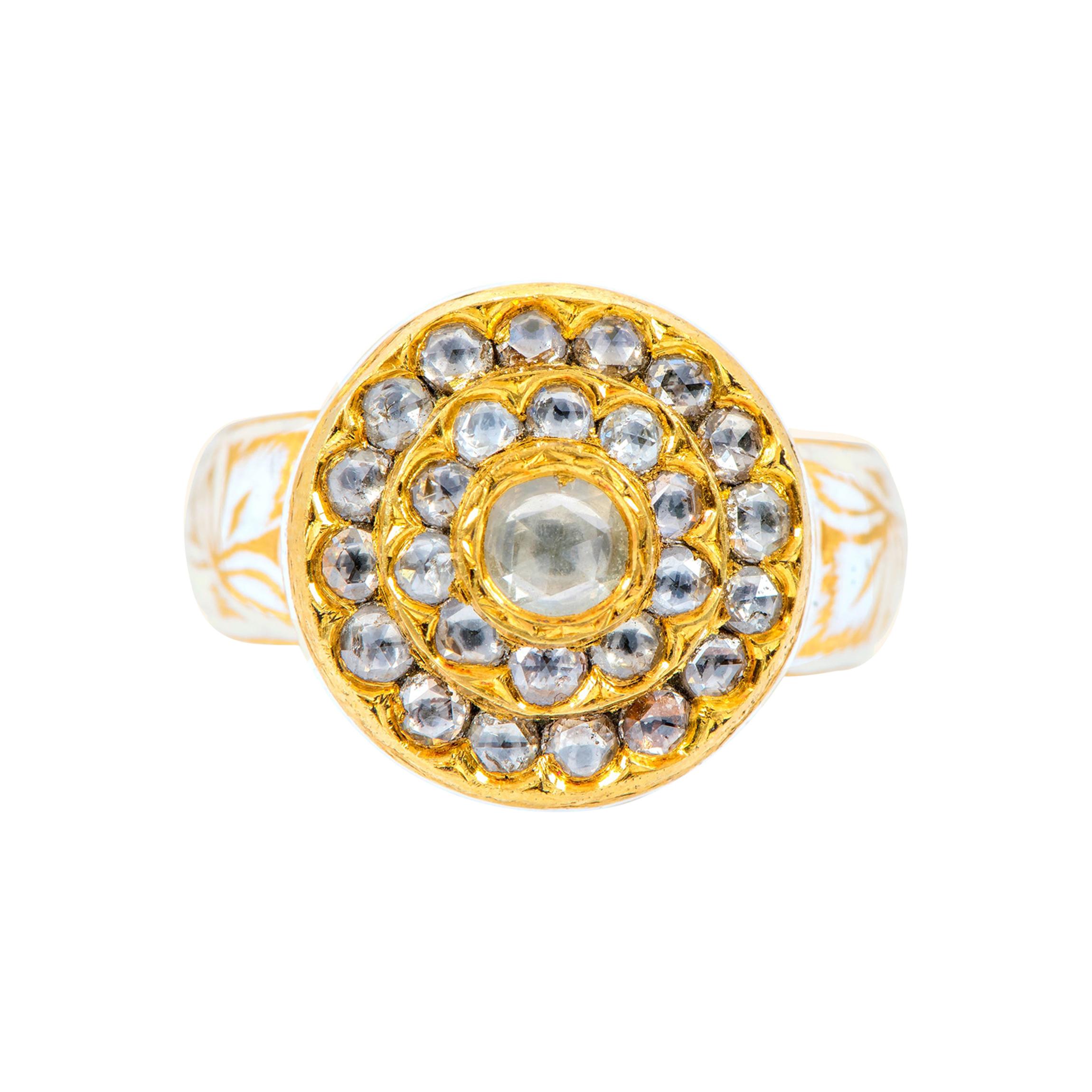 22 Karat Gold Rose-Cut Diamond Ring Handcrafted with White Enamel Work  For Sale